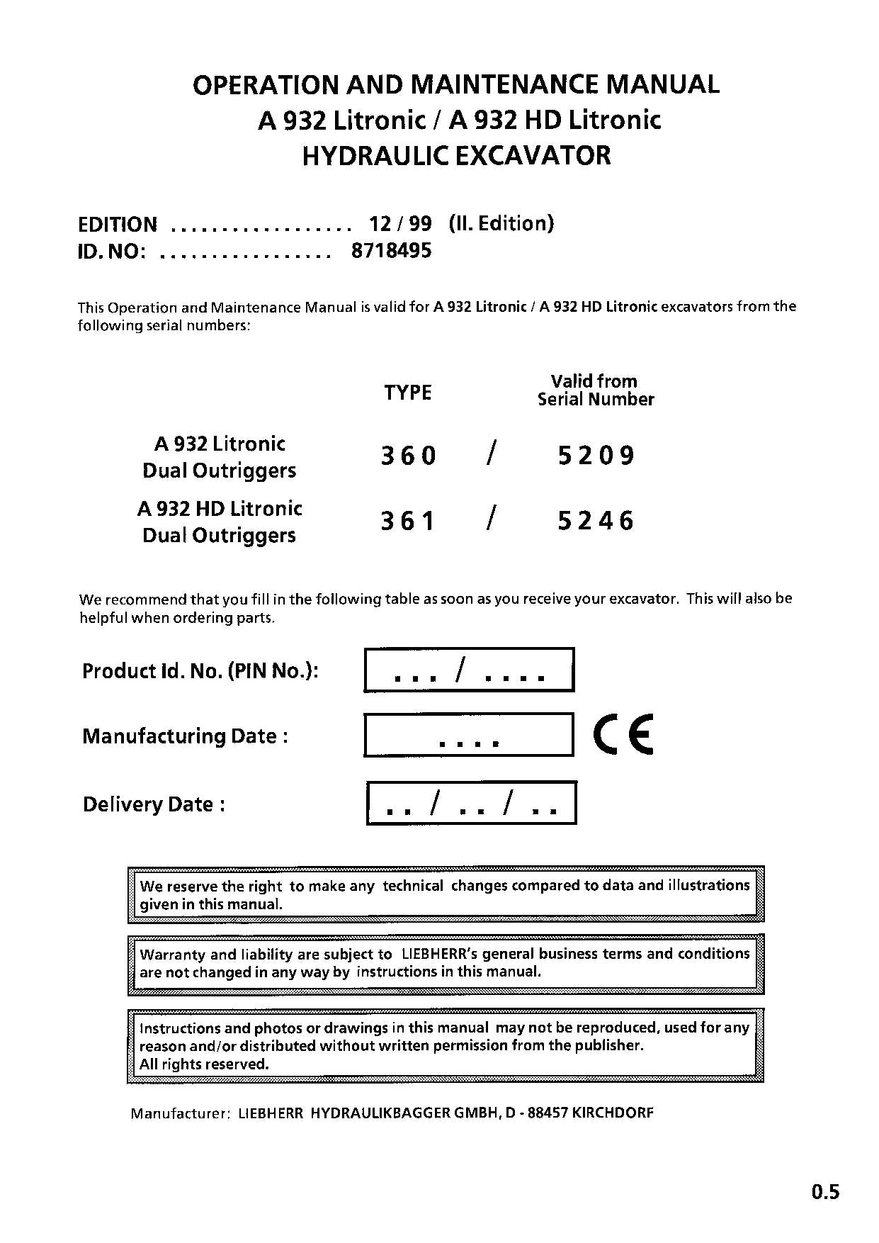 Manuel d'utilisation de la pelle Liebherr A932 Litronic A932 HD Litronic