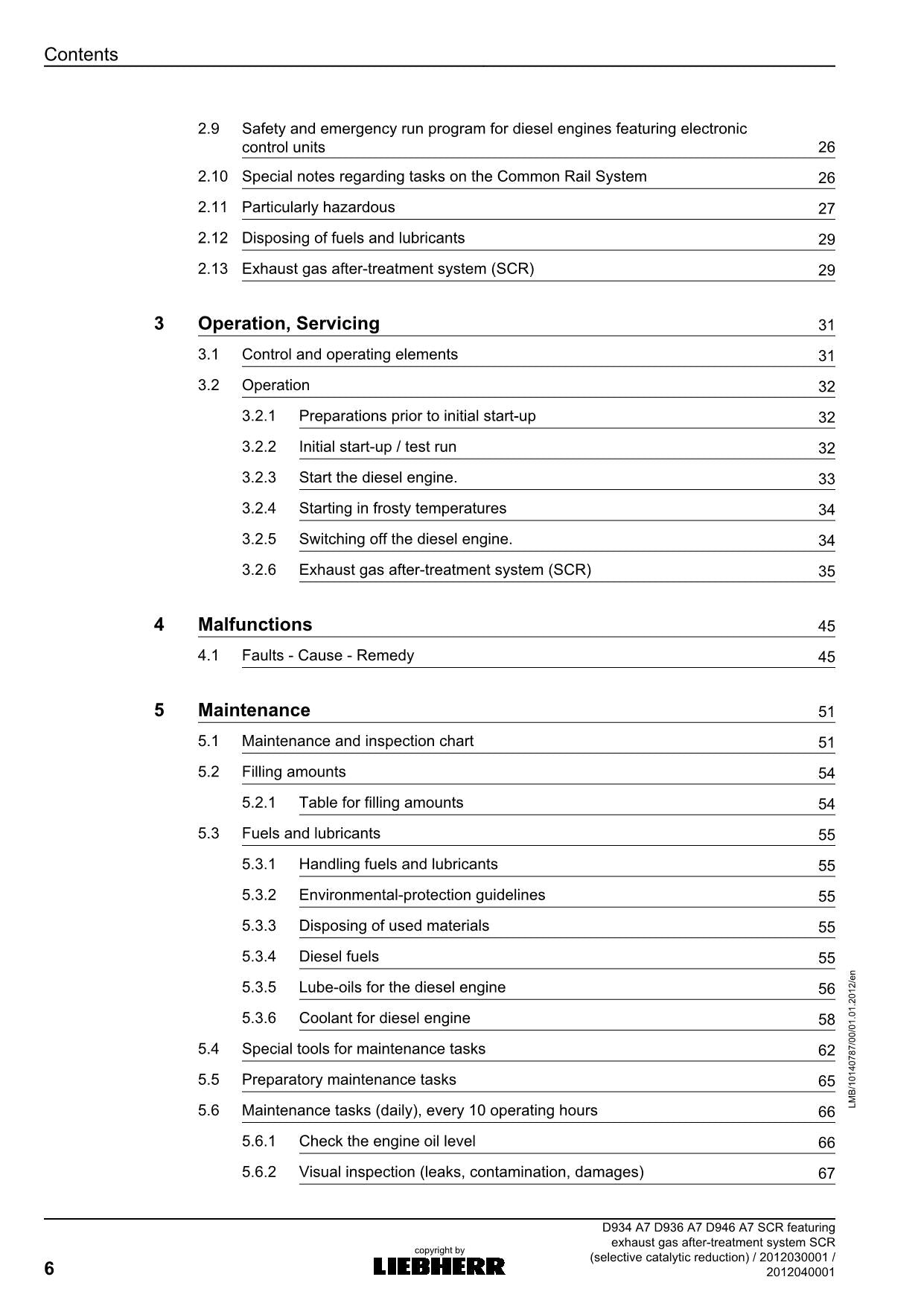 Liebherr D934 D936 D946 SCR featuring exhaust gas engine Operators manual