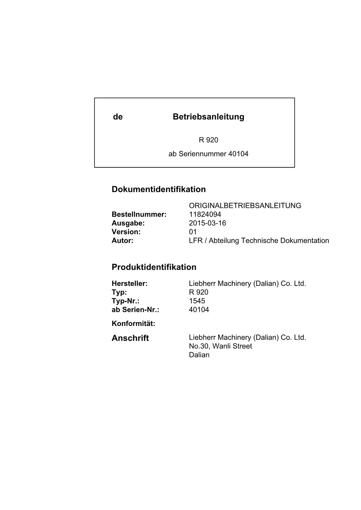 Liebherr R920 Hydraulikbagger Betriebsanleitung Wartungsanleitung