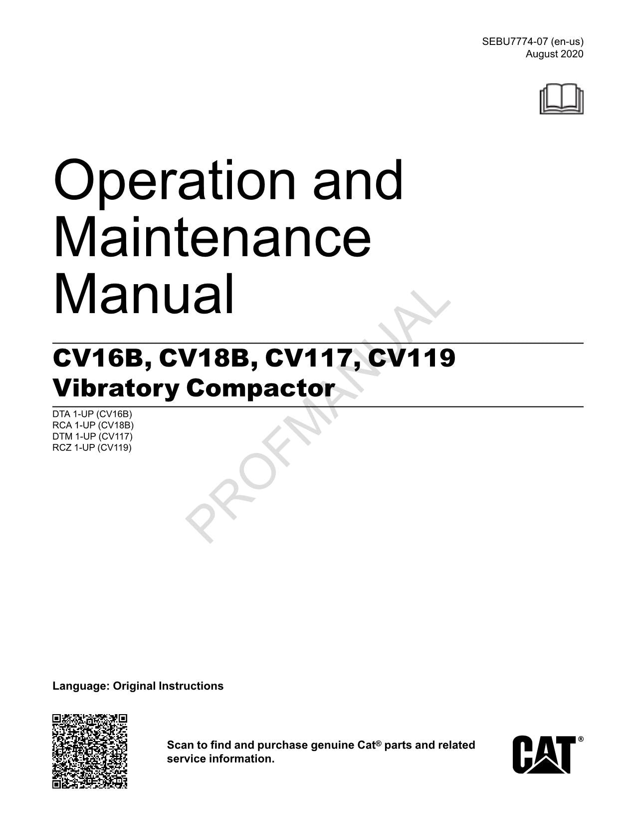 Caterpillar CV16B CV18B CV117 CV119 Vibrationsverdichter Bedienungsanleitung