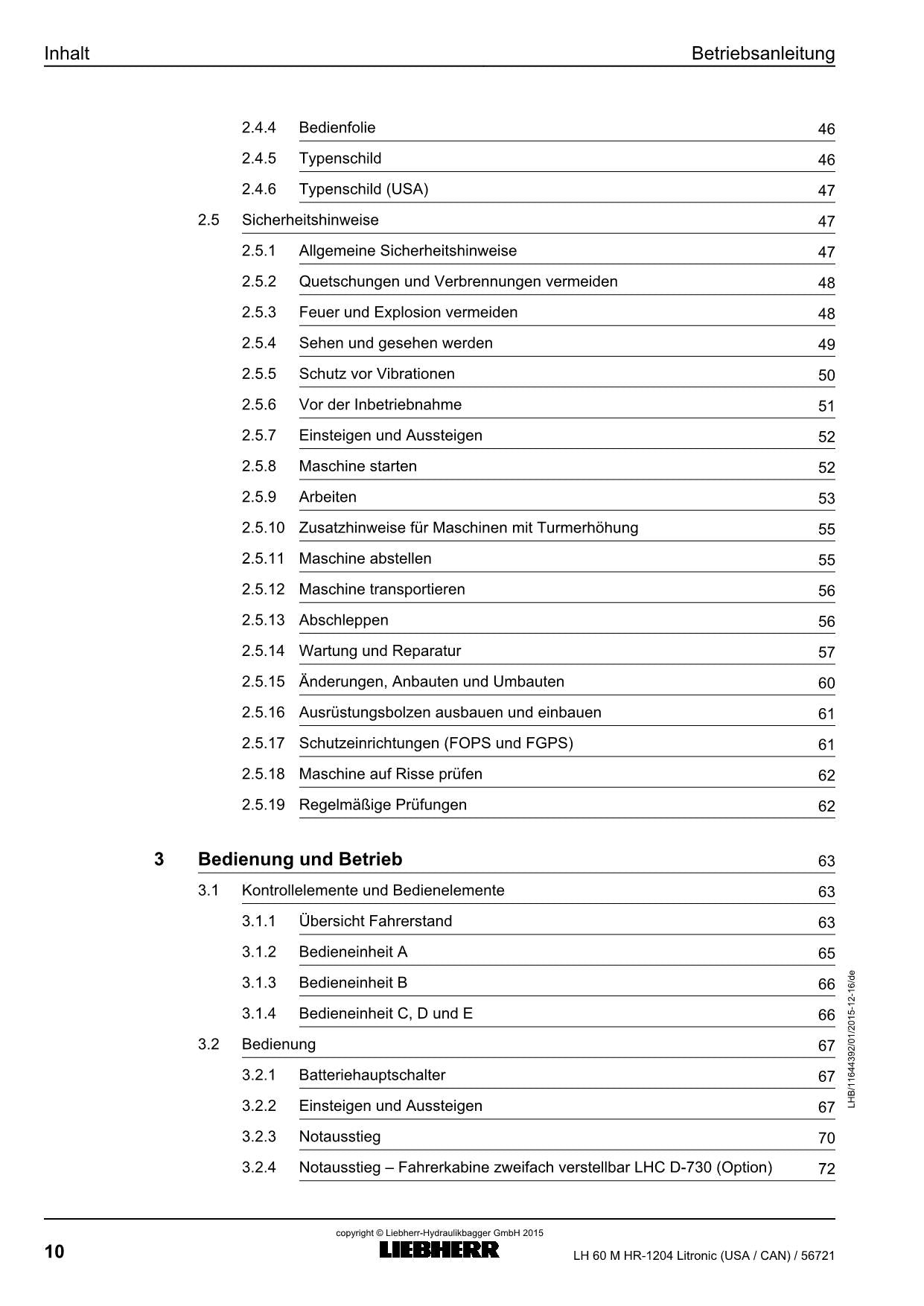 Liebherr LH60 M HRLitronic USACAN Materialumschlaggerät Betriebsanleitung