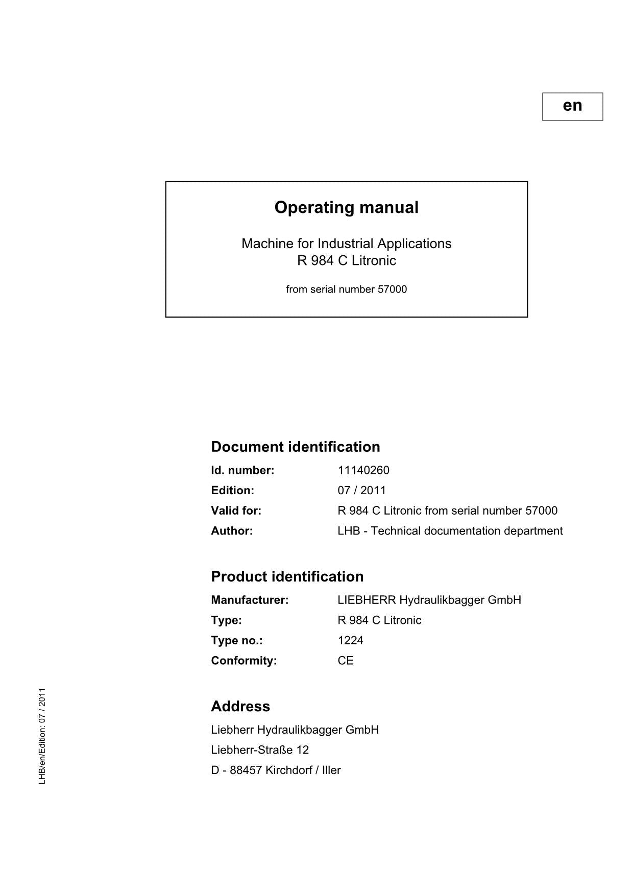 Liebherr R984 C Litronic Excavator Operators manual