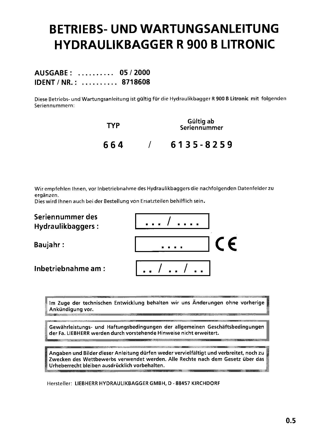 Liebherr R900 B Litronic Hydraulikbagger Betriebsanleitung Wartungsanleitung