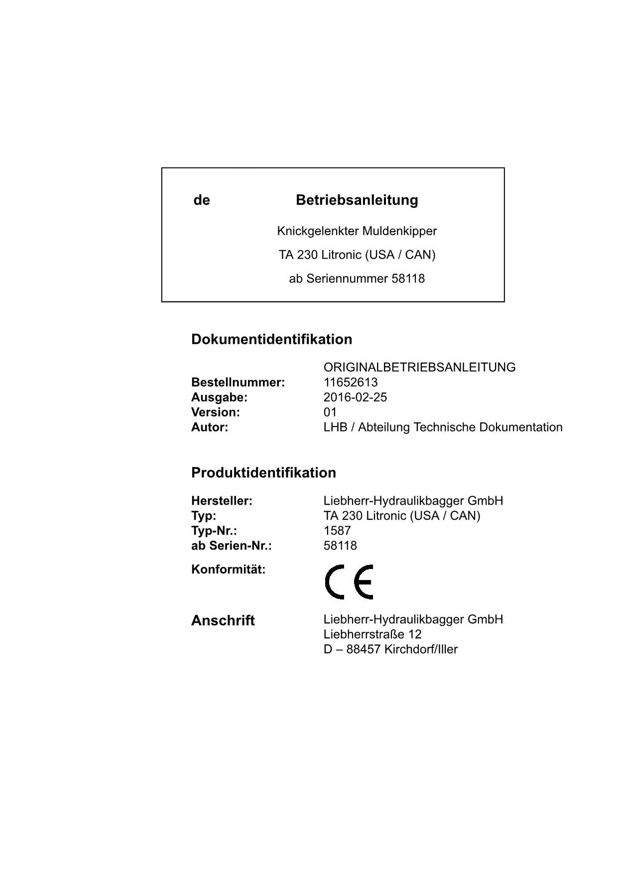 Liebherr TA230 Litronic USACAN Knickgelenkter Muldenkipper Manuel d'instructions