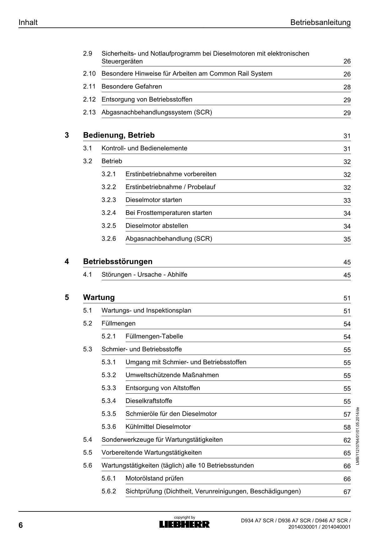 Liebherr D934 A7 SCRD936 A7 SCRD946 A7 SCR Dieselmotor Betriebsanleitung
