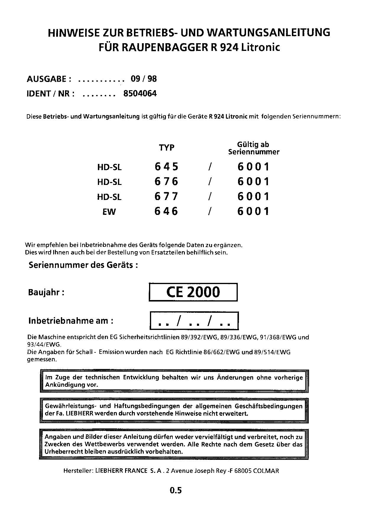 Liebherr R924 Litronic Hydraulikbagger Manuel d'instructions 8504064