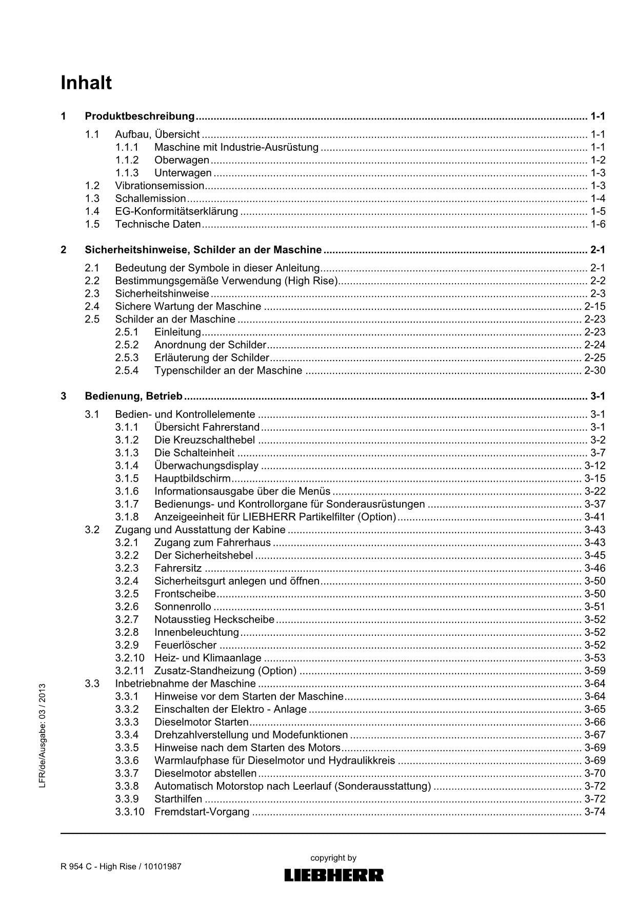 Liebherr R954 C High Rise Hydraulikbagger Betriebsanleitung