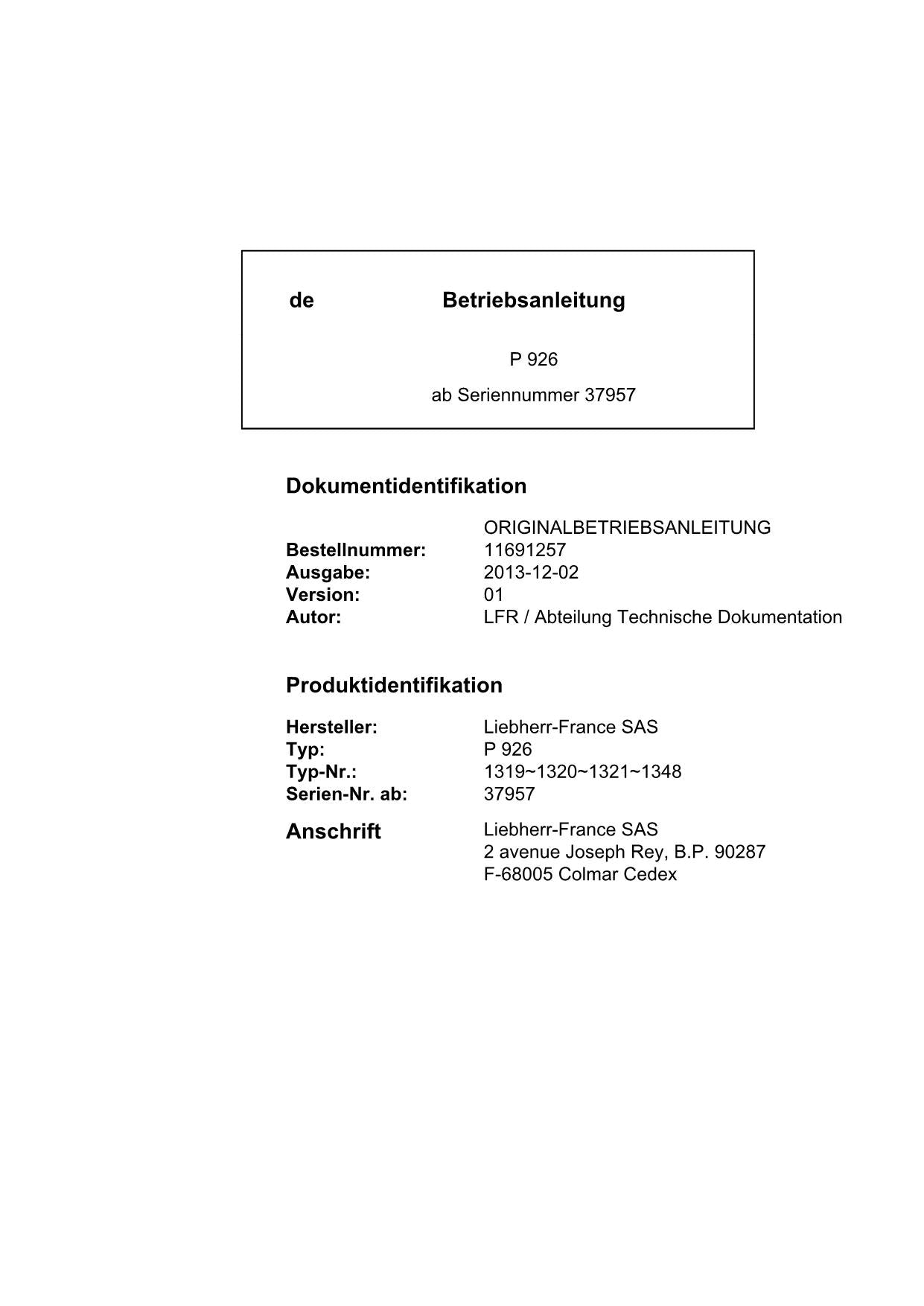 Liebherr P926 Hydraulikbagger Manuel d'instructions