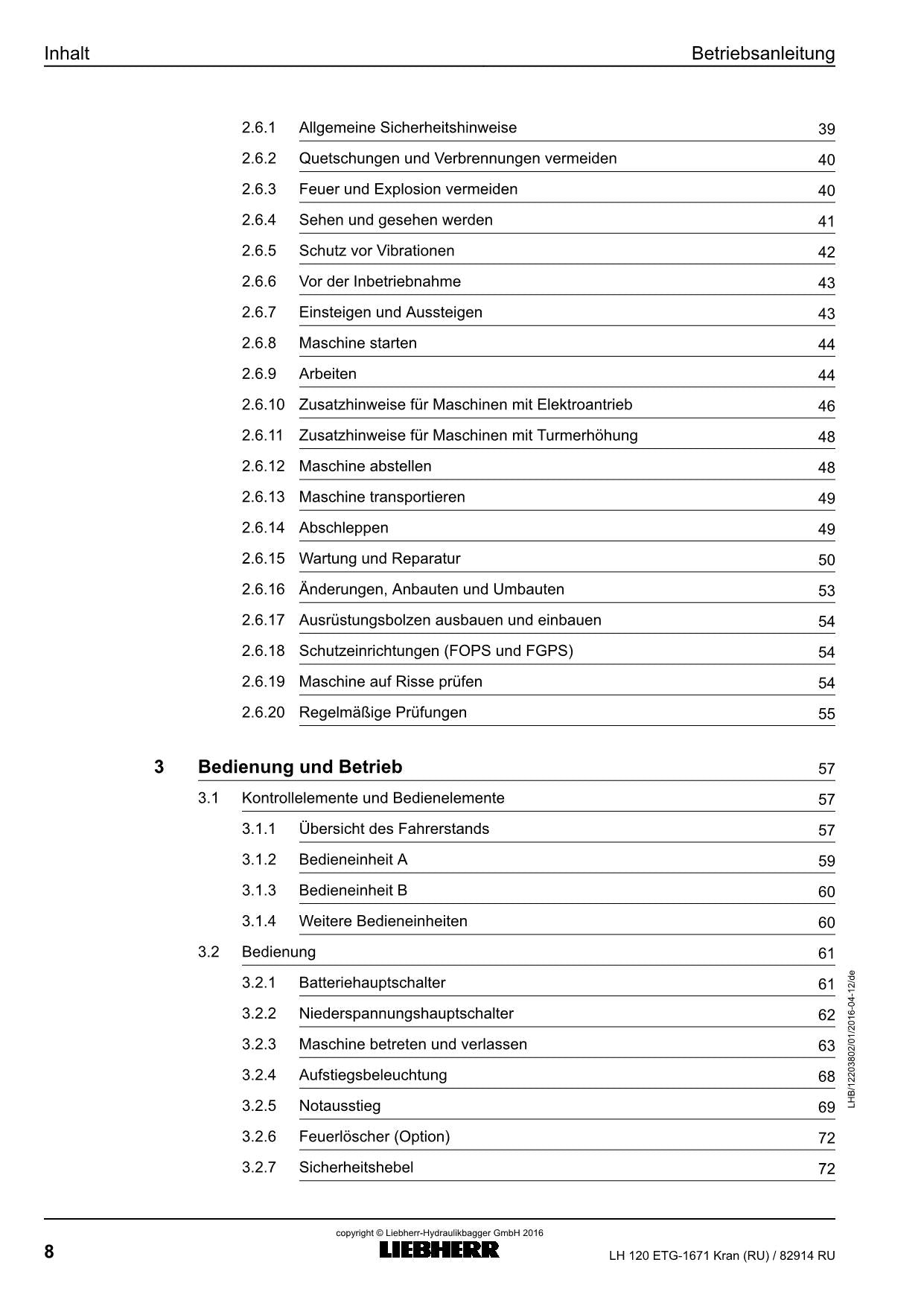 Liebherr LH120 ETG Kran RU Materialumschlagmaschine Betriebsanleitung