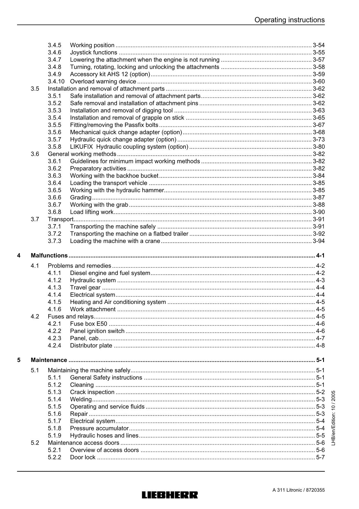 Liebherr A311 Litronic Excavator  Operators manual