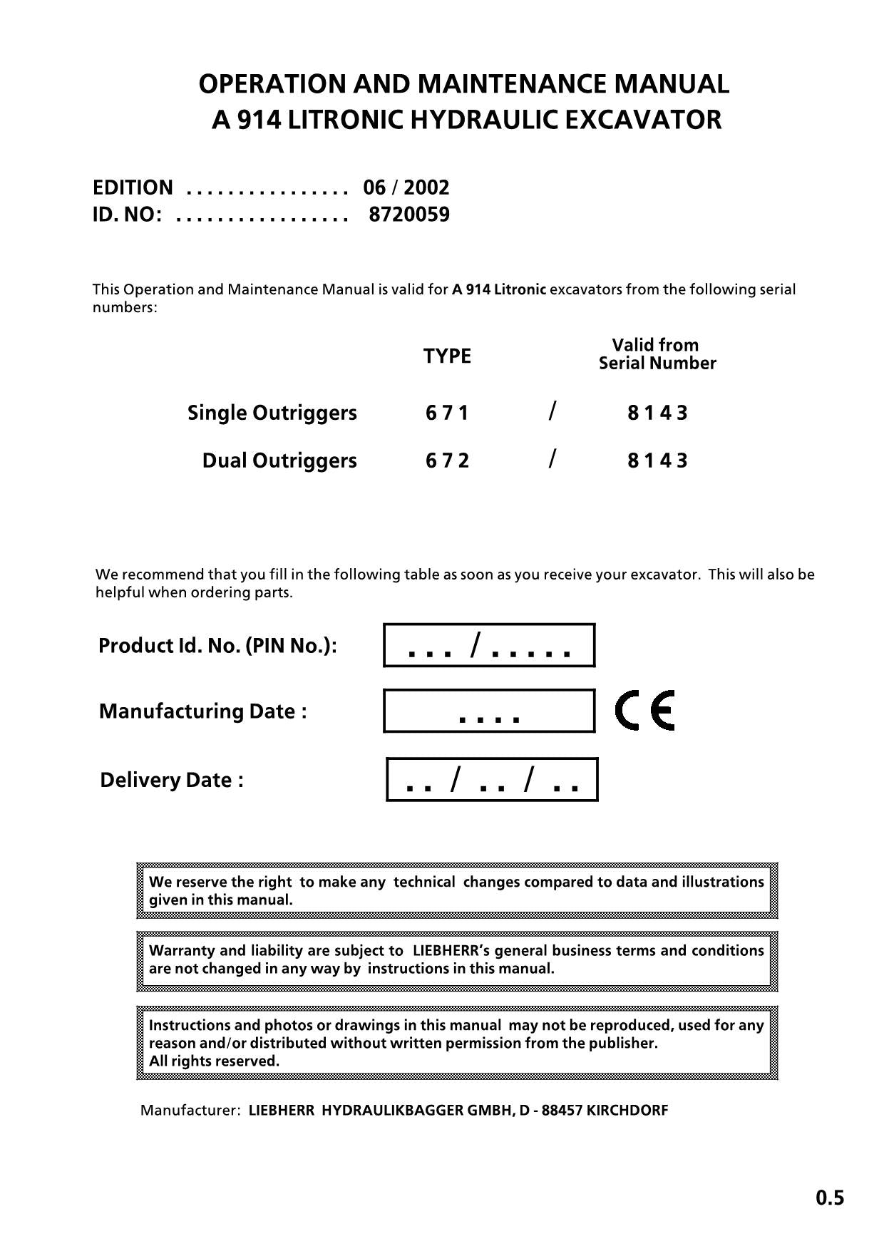 Manuel d'utilisation de la pelle Liebherr A914 Litronic