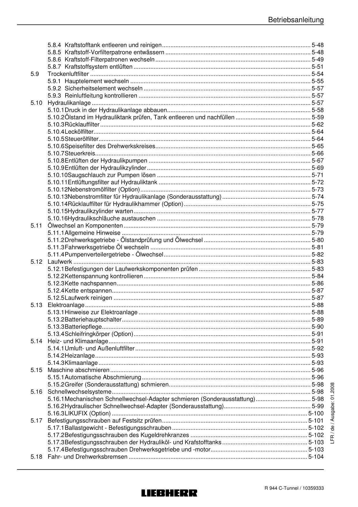 Liebherr R944 C Tunnel Hydraulikbagger Betriebsanleitung ser 19695