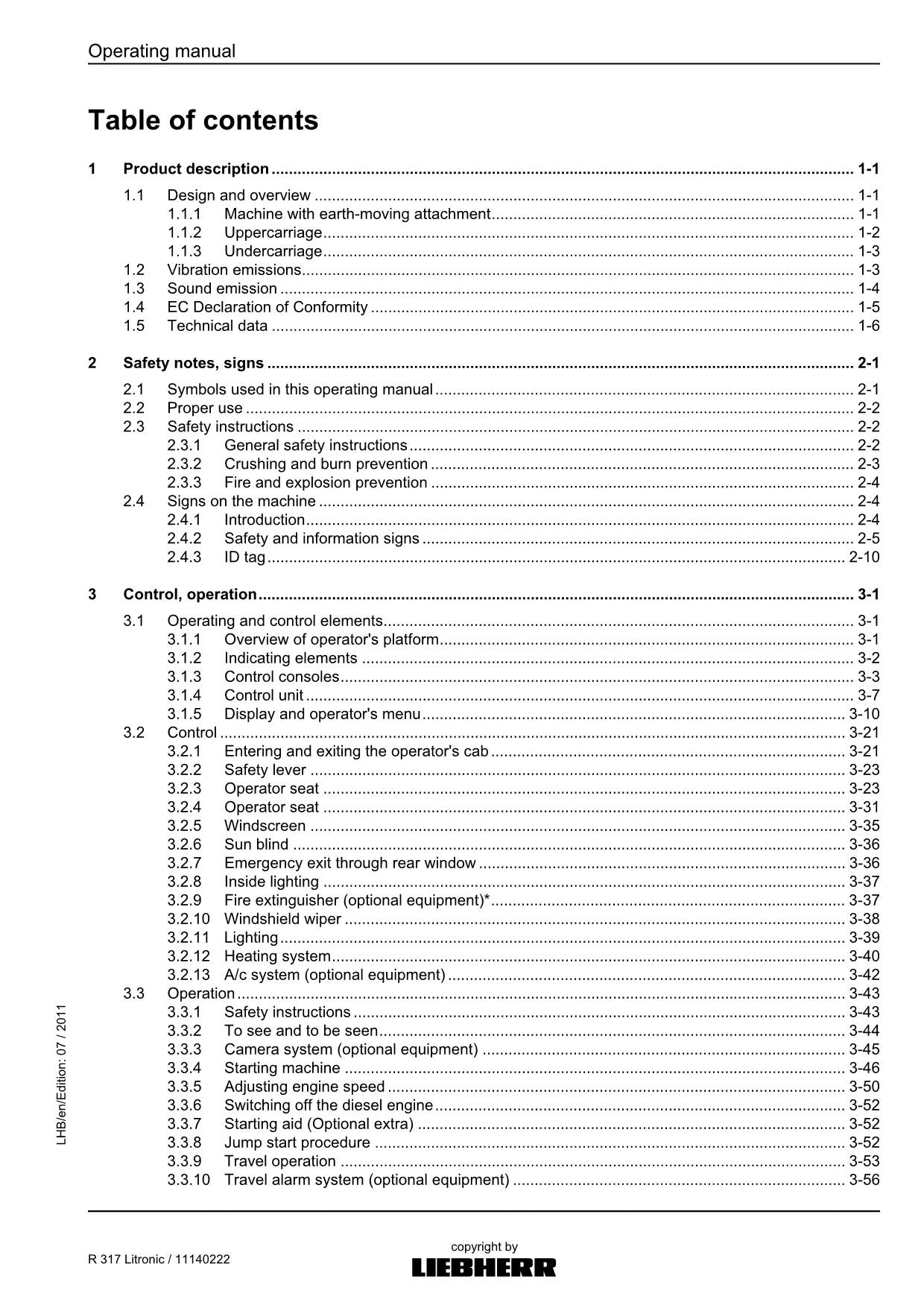 Liebherr R317 Litronic Excavator Operators manual serial 57182