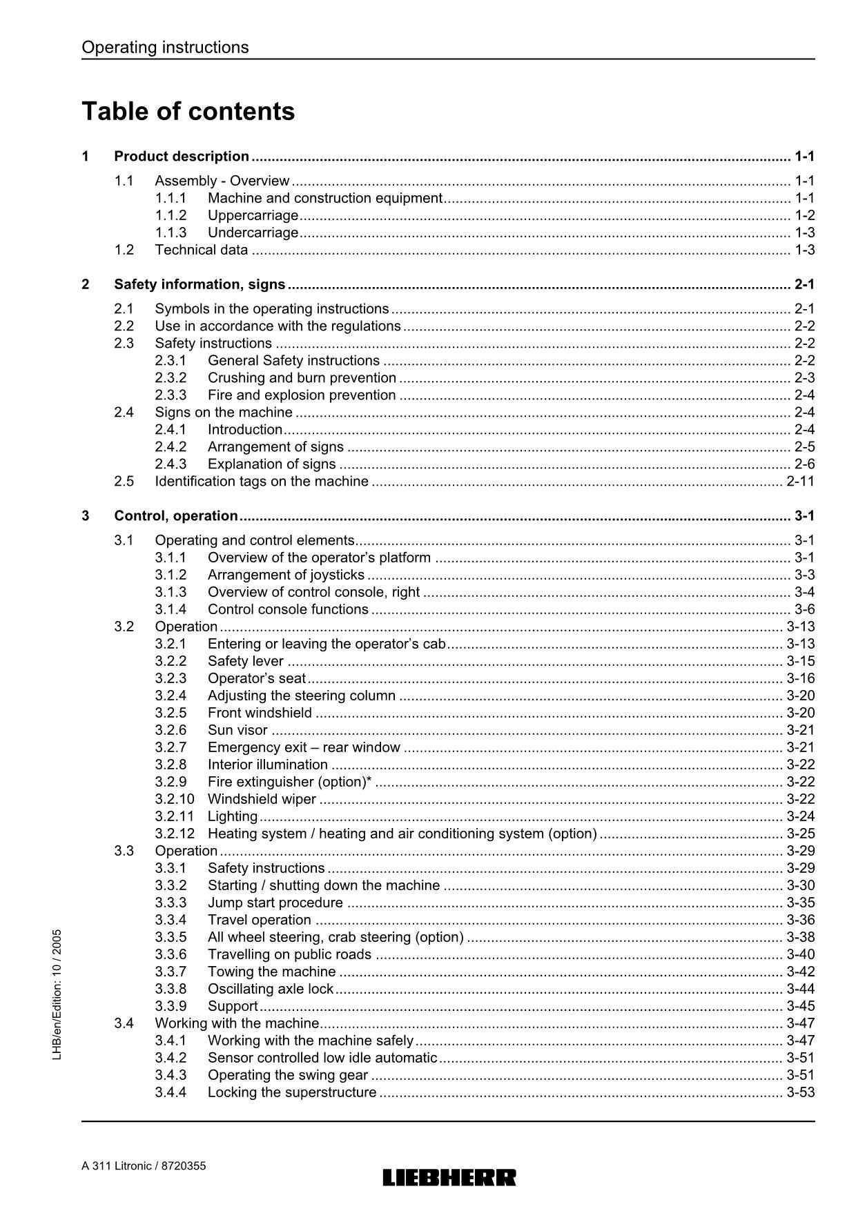 Liebherr A311 Litronic Excavator  Operators manual