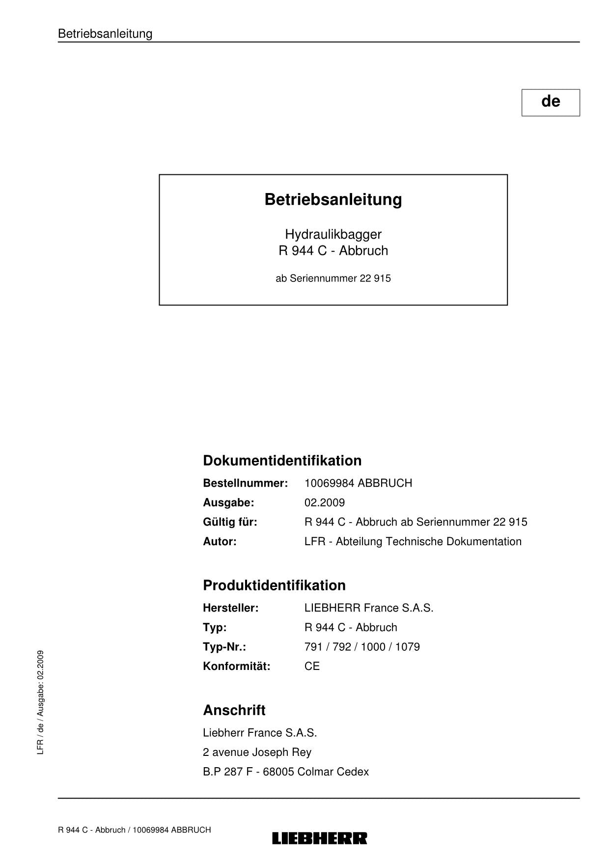 Liebherr R944 C Abbruch 22915 Hydraulikbagger Betriebsanleitung