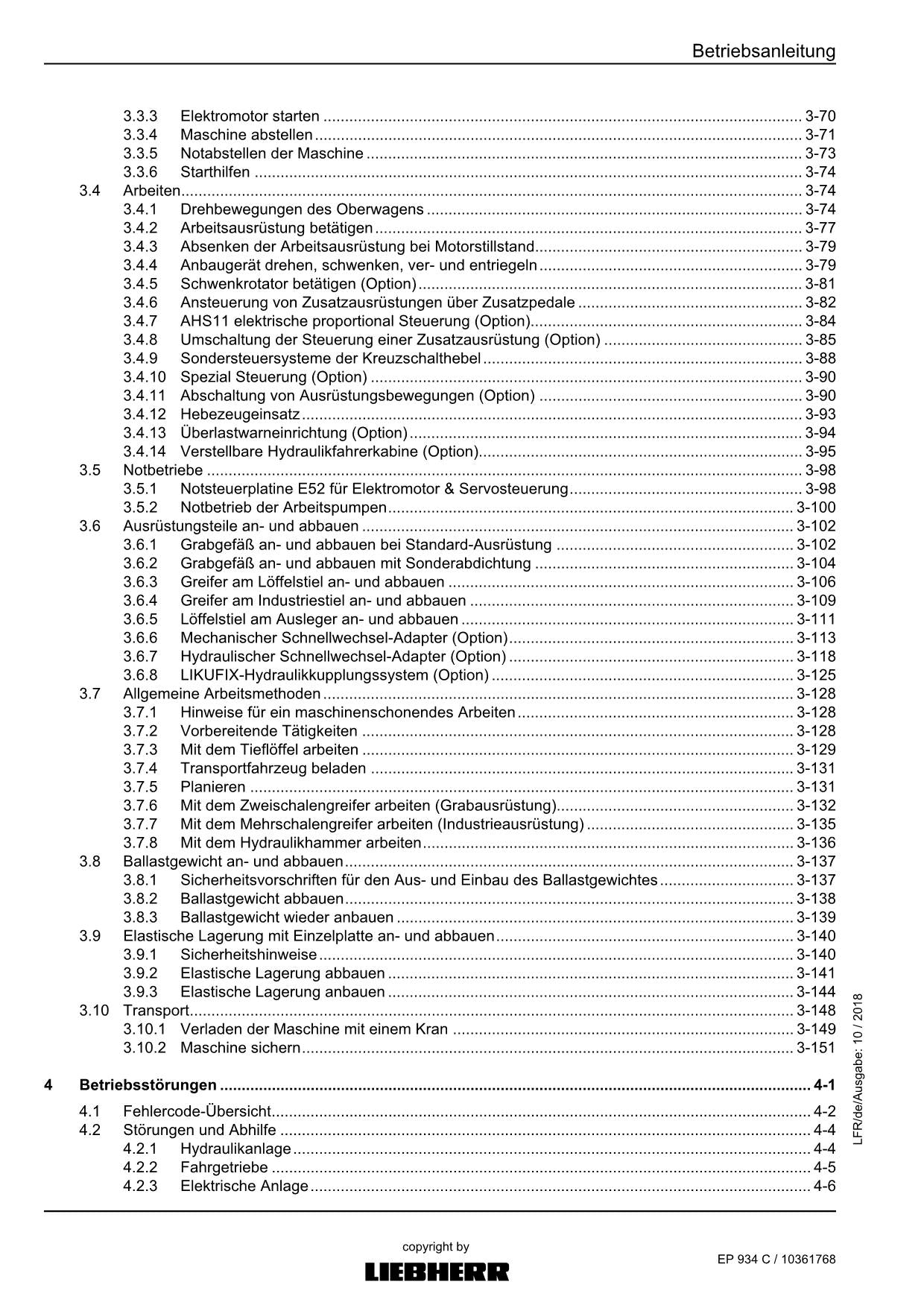 Liebherr EP934 C Hydraulikbagger Betriebsanleitung