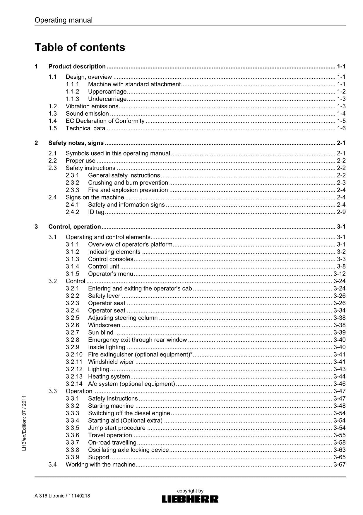 Liebherr A316 Litronic Excavator Operators manual