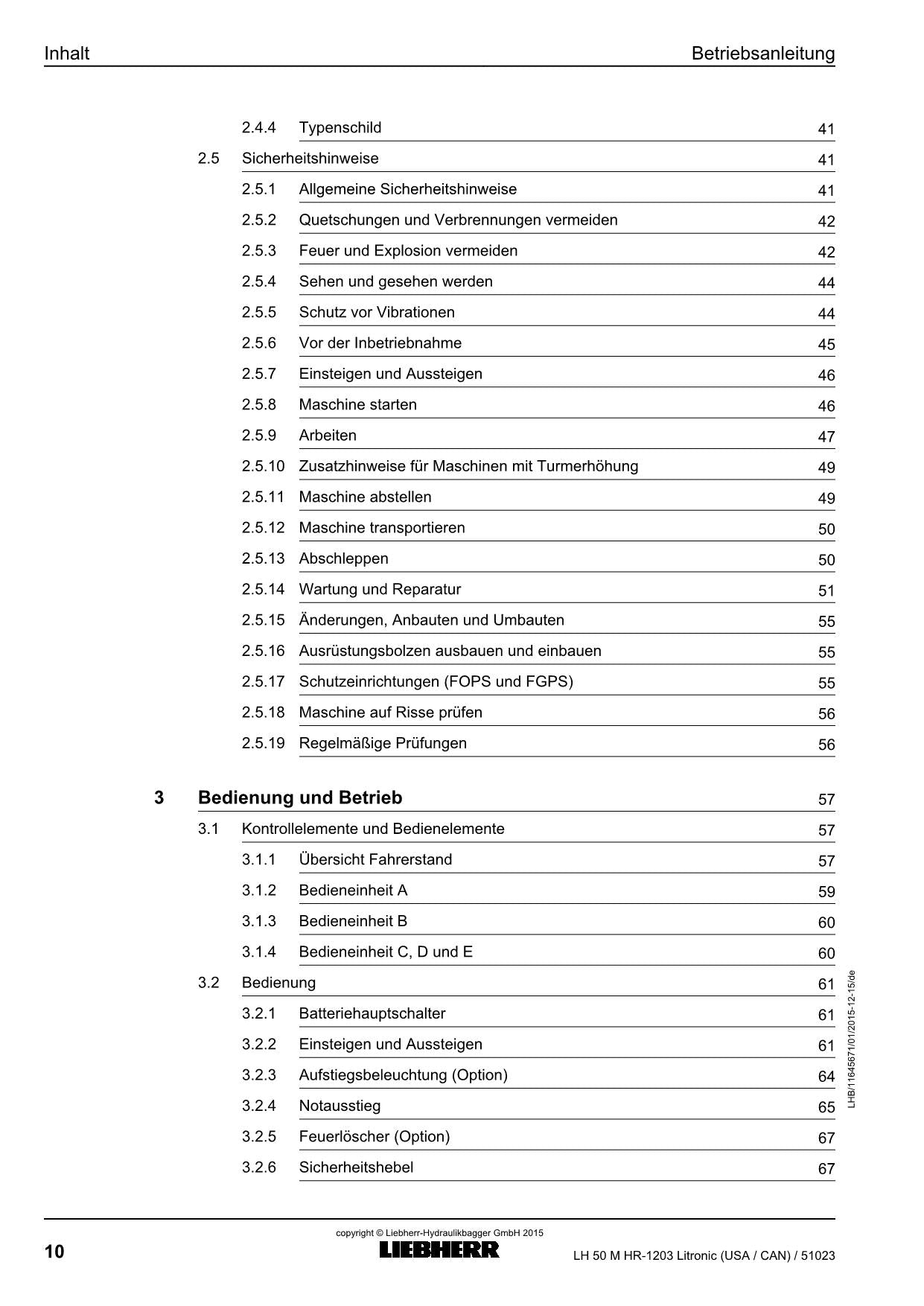 Liebherr LH50 M HRLitronic USACAN Materialumschlaggerät Betriebsanleitung