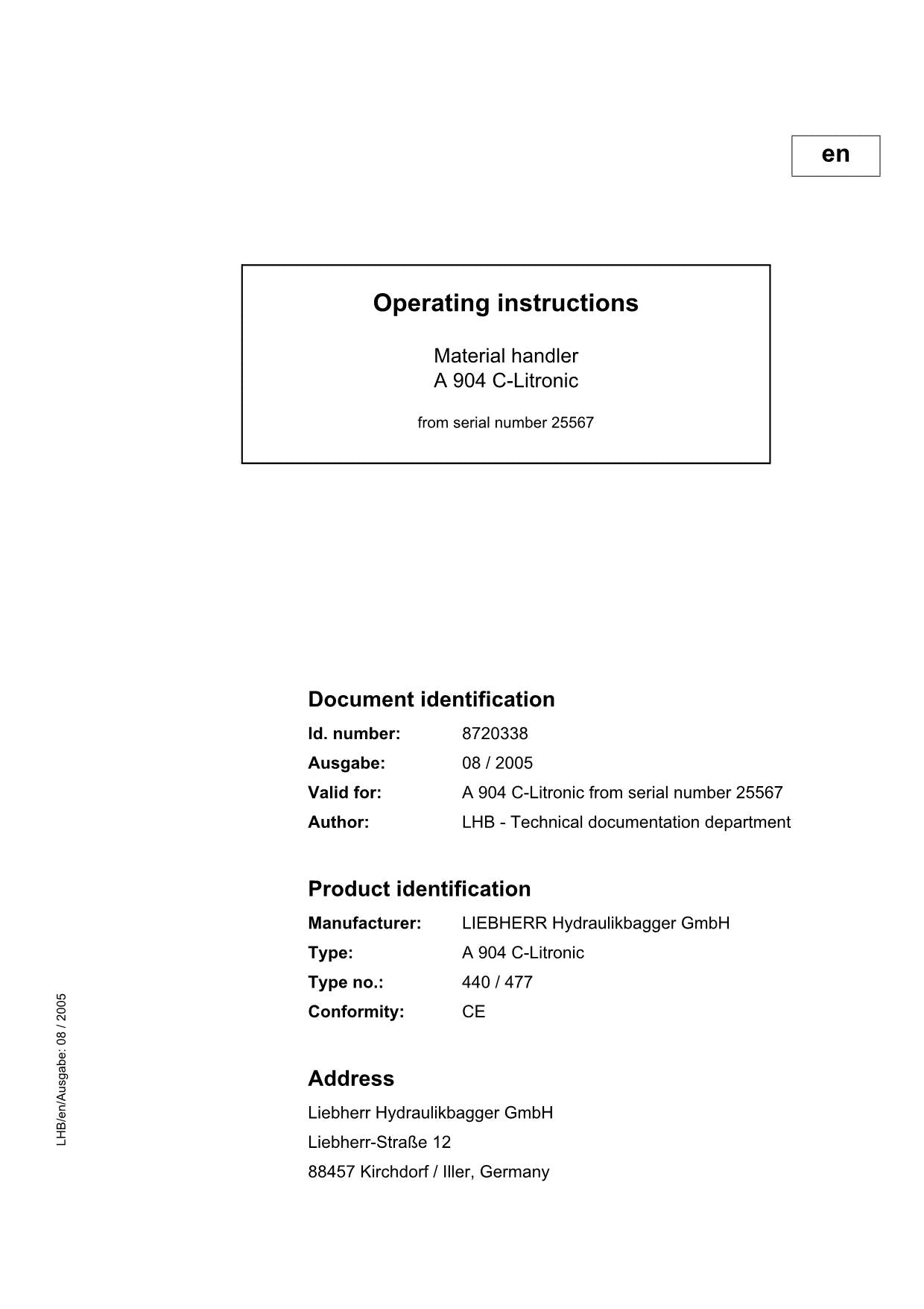 Liebherr A904 C-Litronic Material handler Operators manual