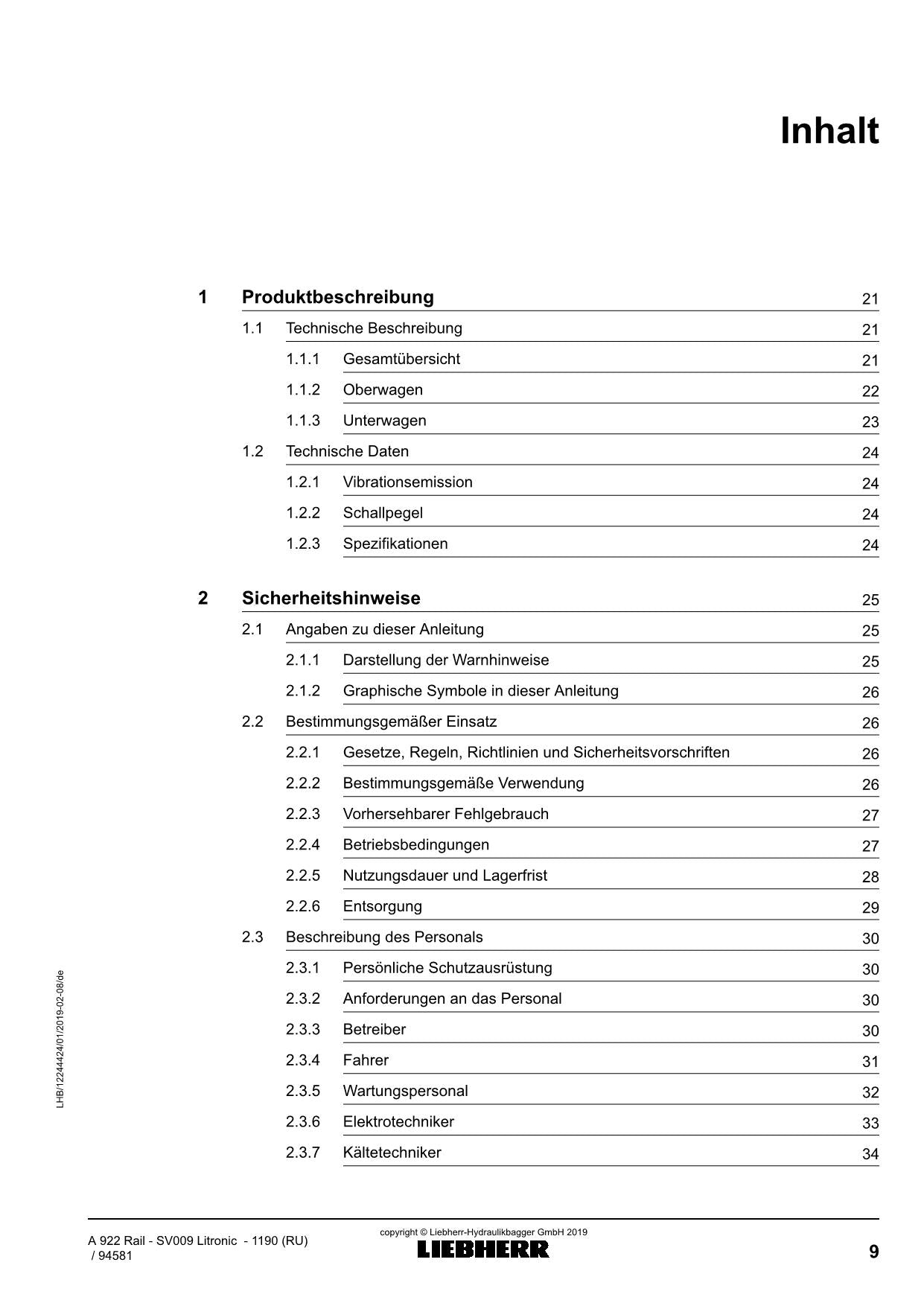 Liebherr A922 Rail SV009 Litronic Mobilbagger Betriebsanleitung typ 1190 RU