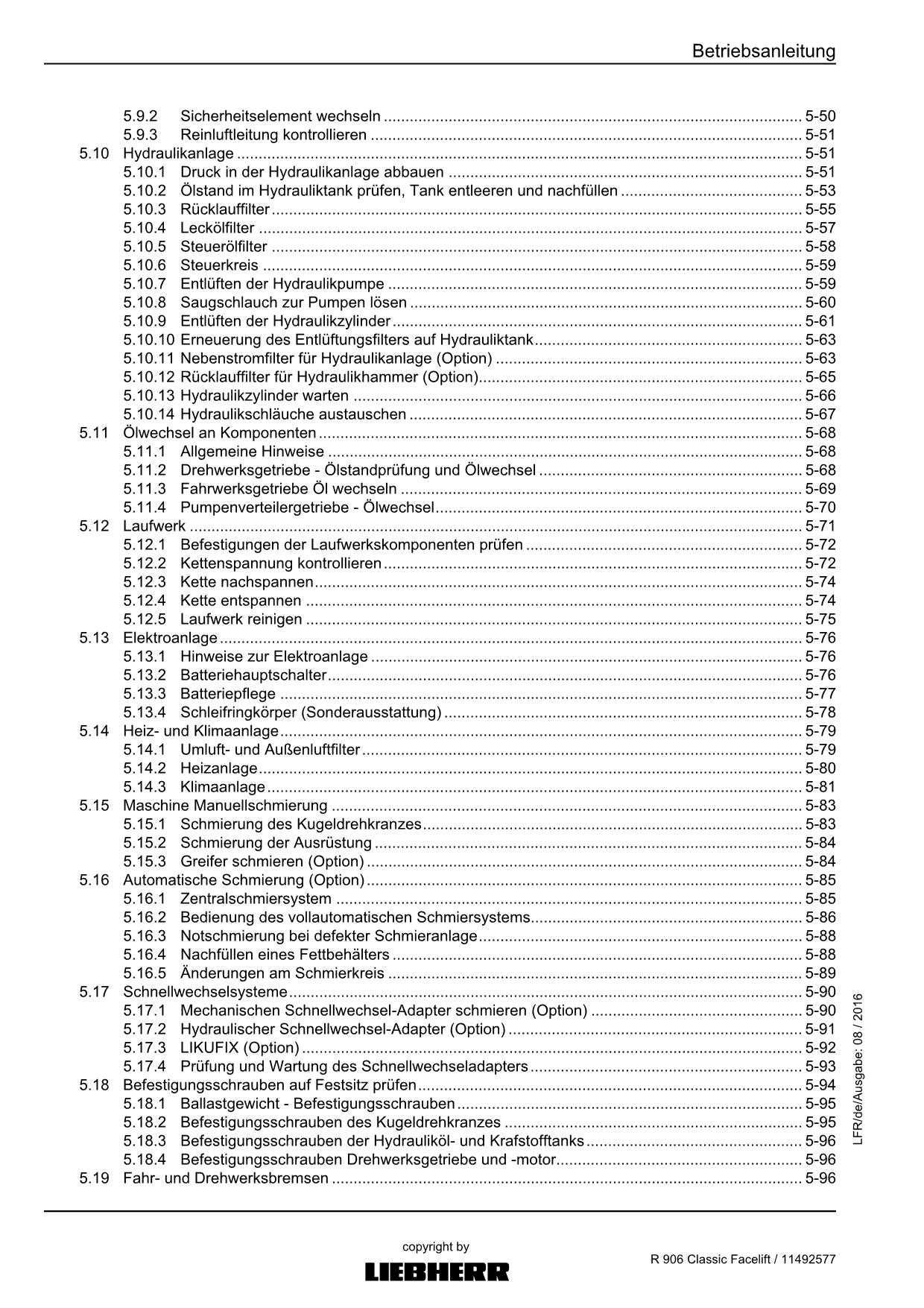 Liebherr R906 Classic Facelift Hydraulikbagger Betriebsanleitung