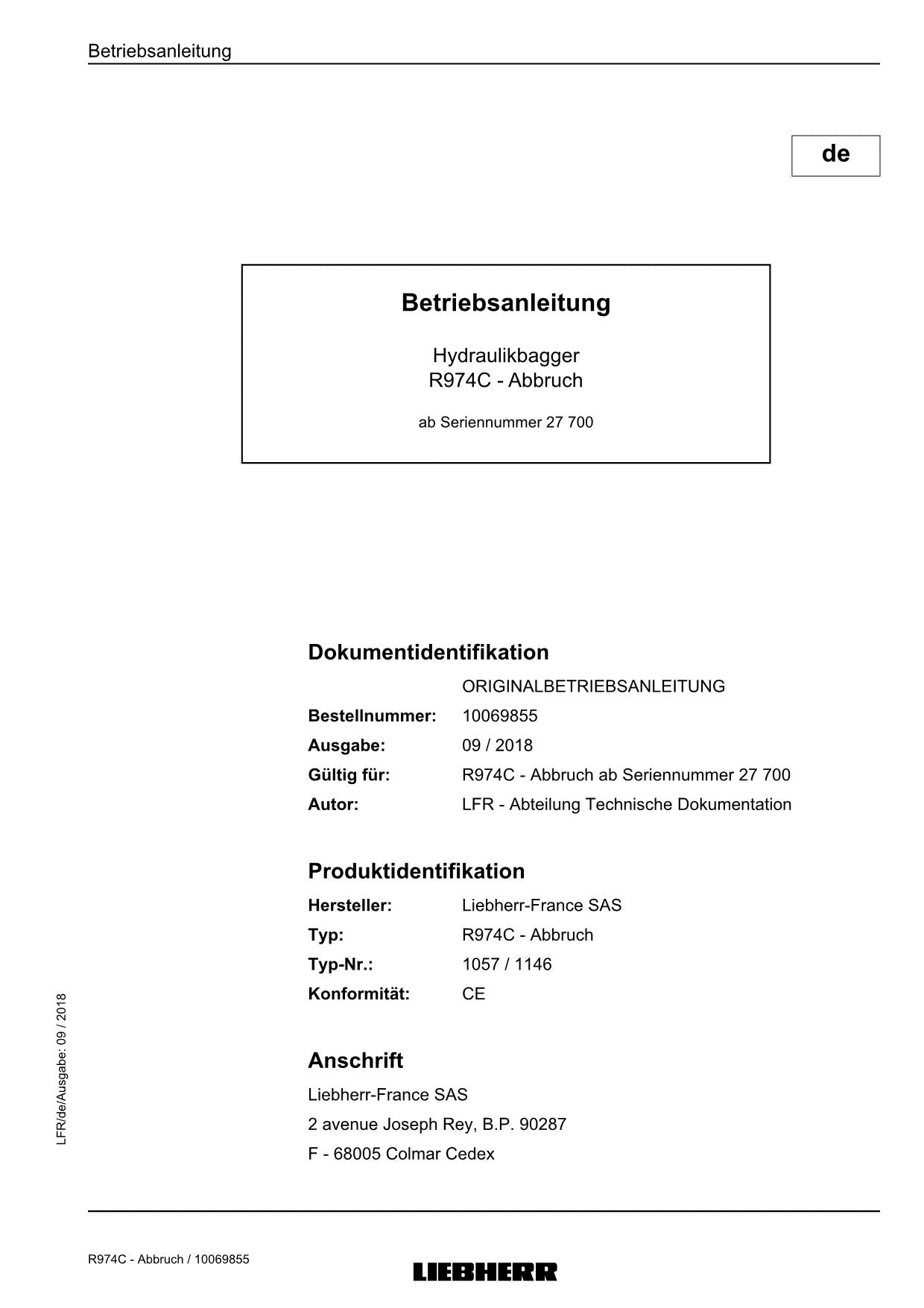 Liebherr R974 C Abbruch 27700 1057 1146 bagger Betriebsanleitung