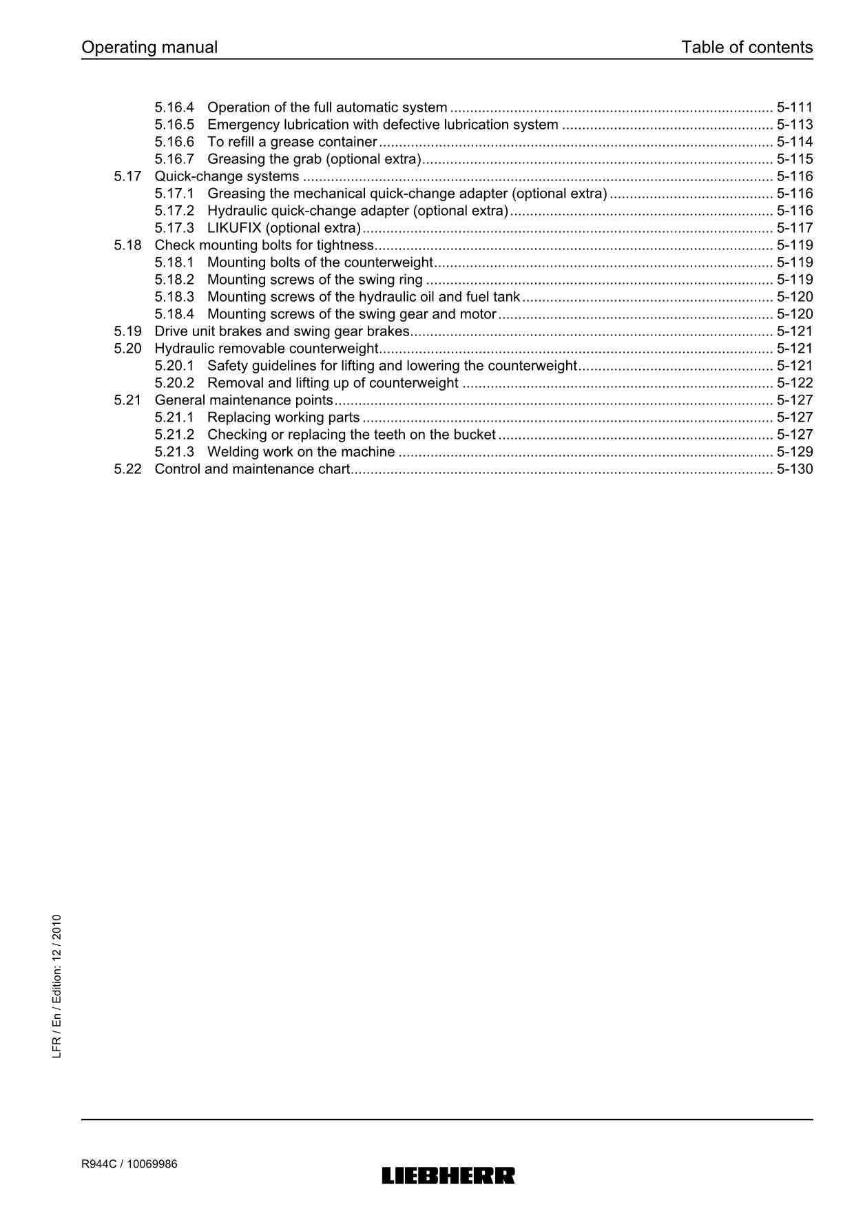 Liebherr R944 C Excavator Operators manual serial 27700