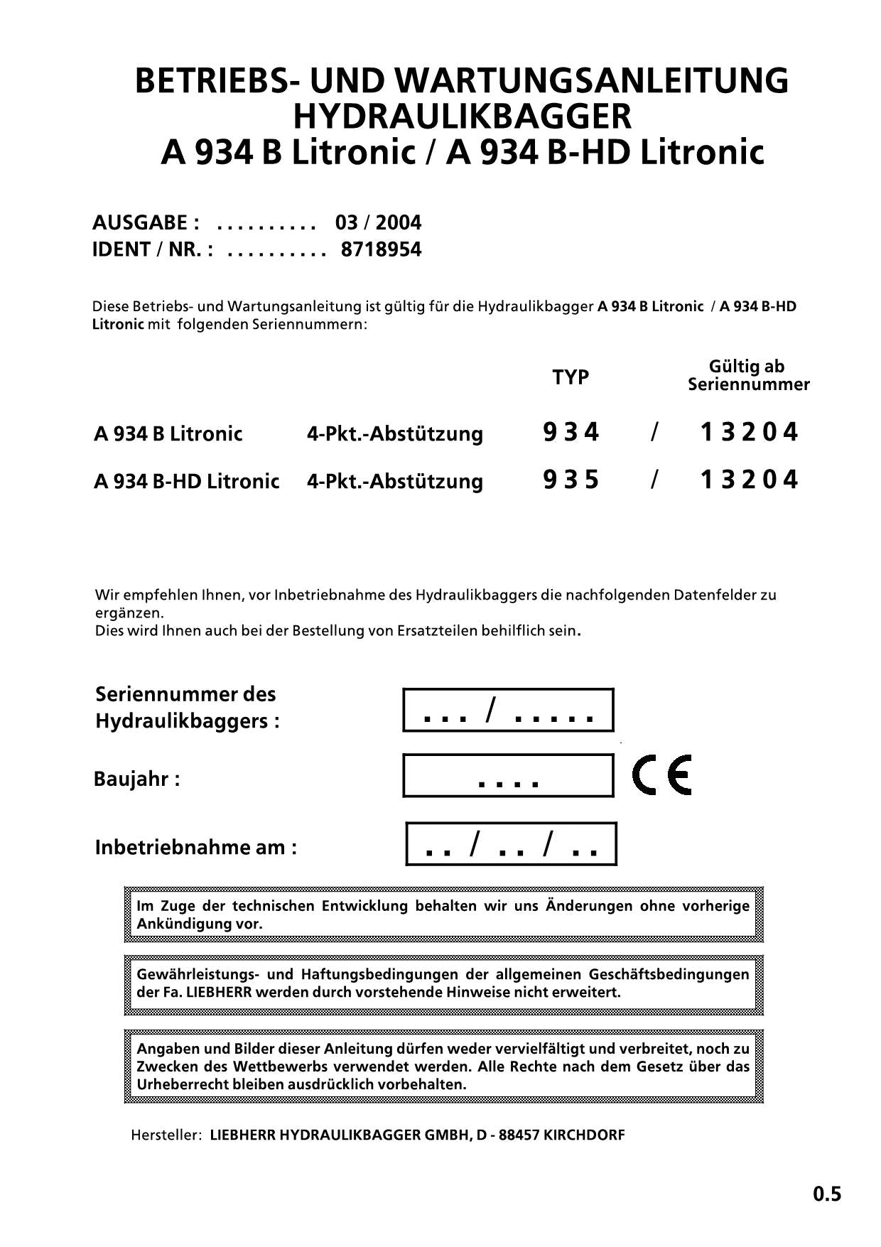 Liebherr A934 B A934 B-HD Litronic Bagger Betriebsanleitung Wartungsanleitung