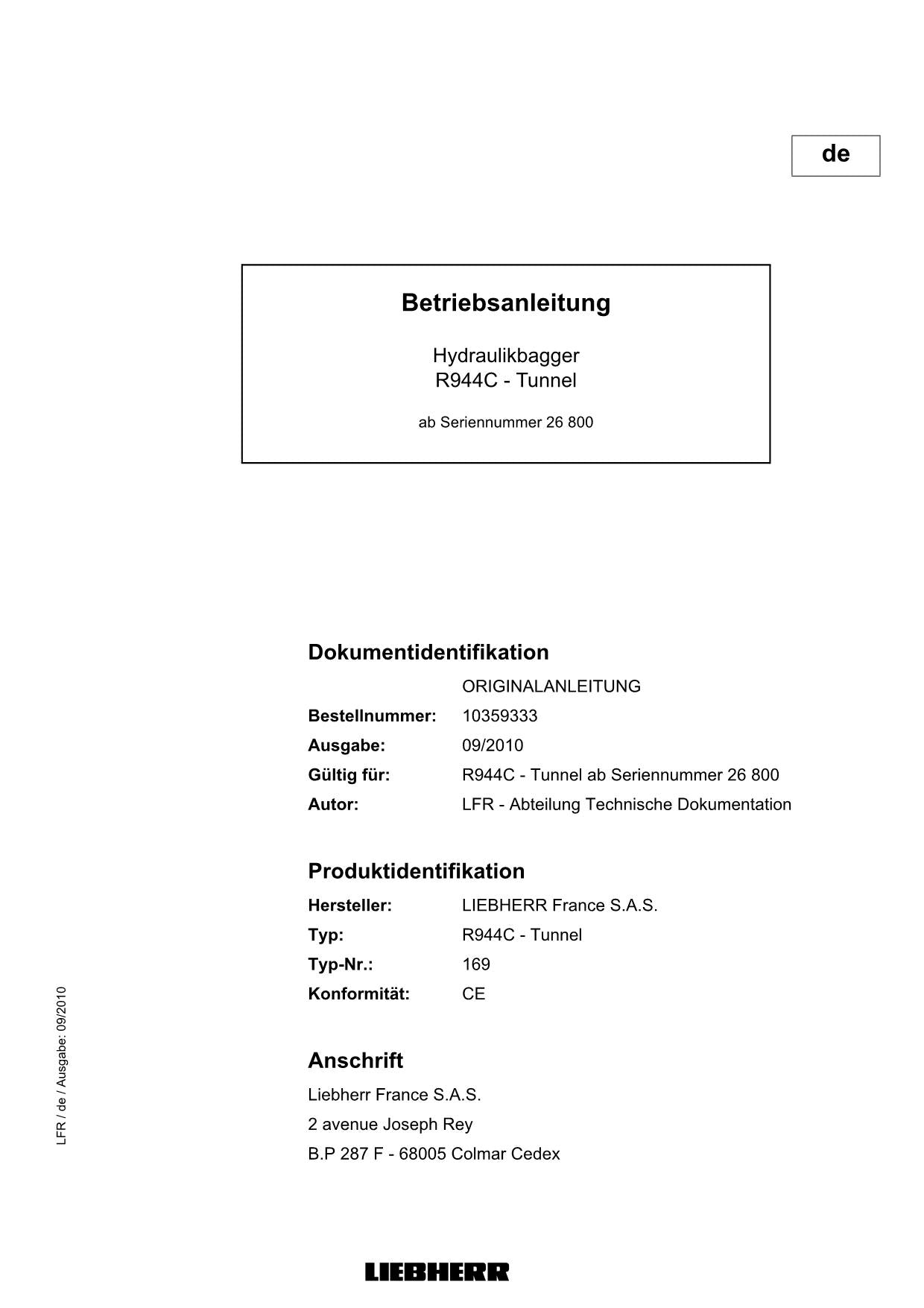 Liebherr R944 C Tunnel Hydraulikbagger Betriebsanleitung ser 26800