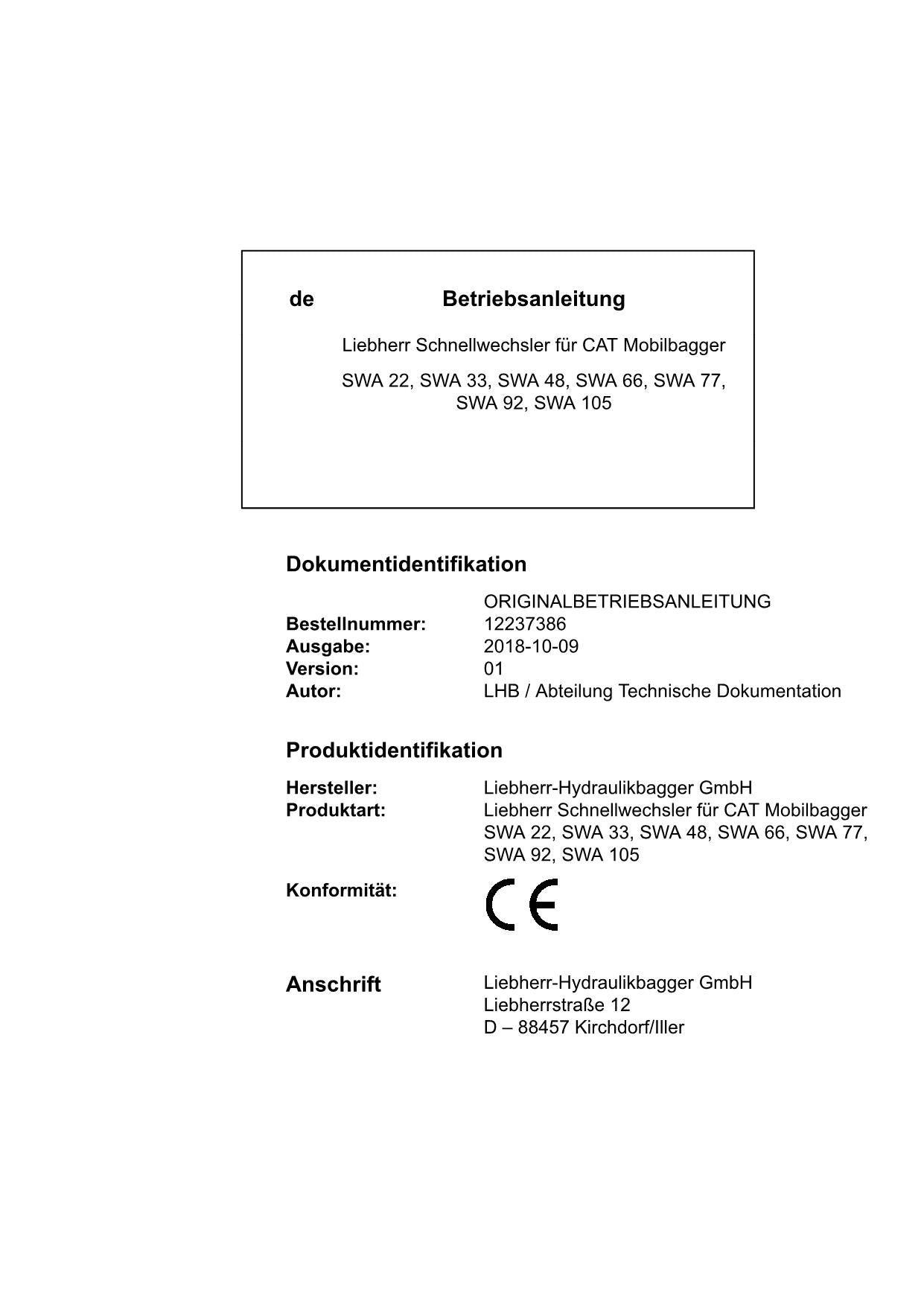 Liebherr SWA22 SWA33 SWA48 SWA66 SWA77 SWA92 SWA105 ensacheuse Betriebsanleitung