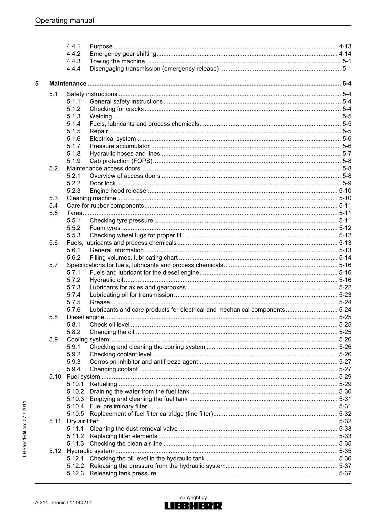 Liebherr A314 Litronic Excavator Operators manual