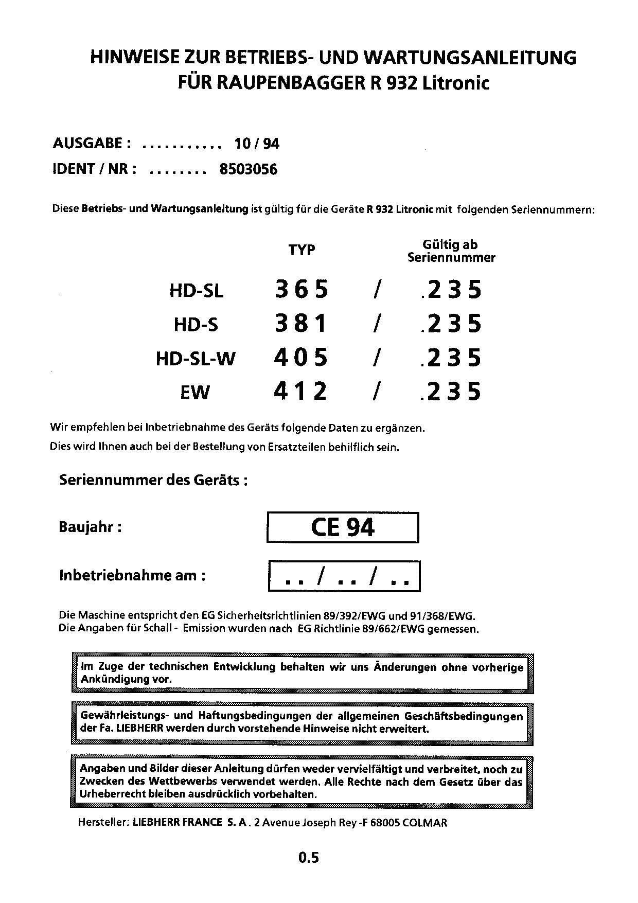 Liebherr R932 Litronic Hydraulikbagger Manuel d'instructions 8503056