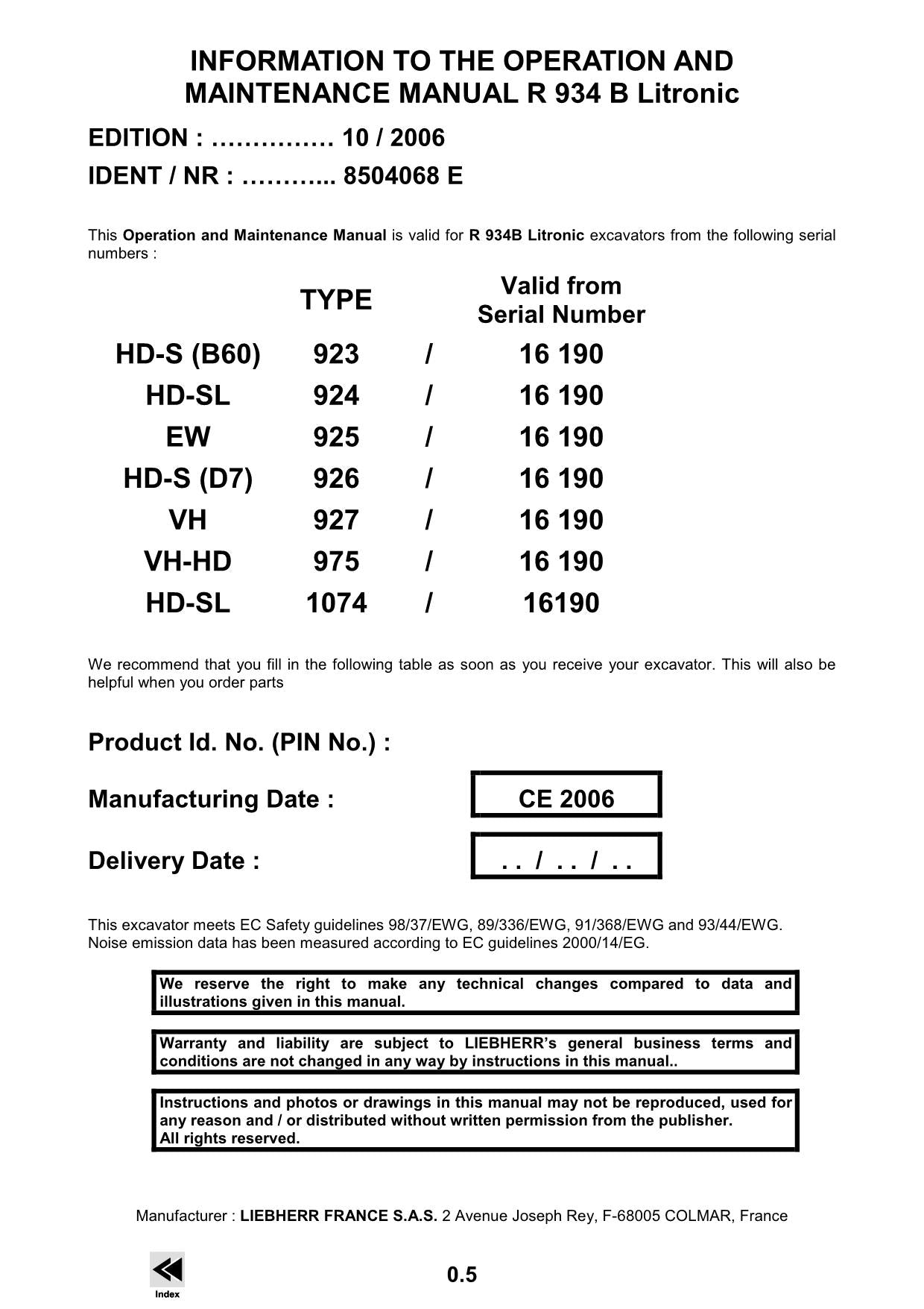 Liebherr R934 B Litronic Excavator Operators manual serial 1074