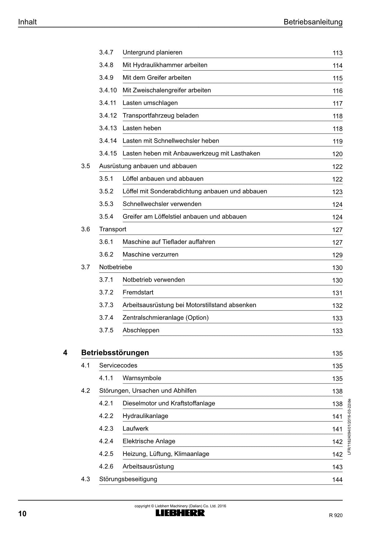 Liebherr R920 bagger Betriebsanleitung