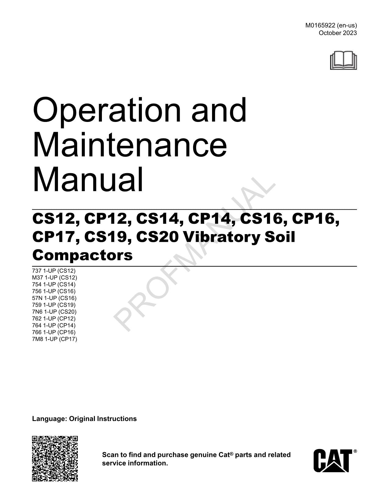 Caterpillar CS12 CP12 CS14 CP14 CS16 Vibratory Soil Compactor Operators Manual