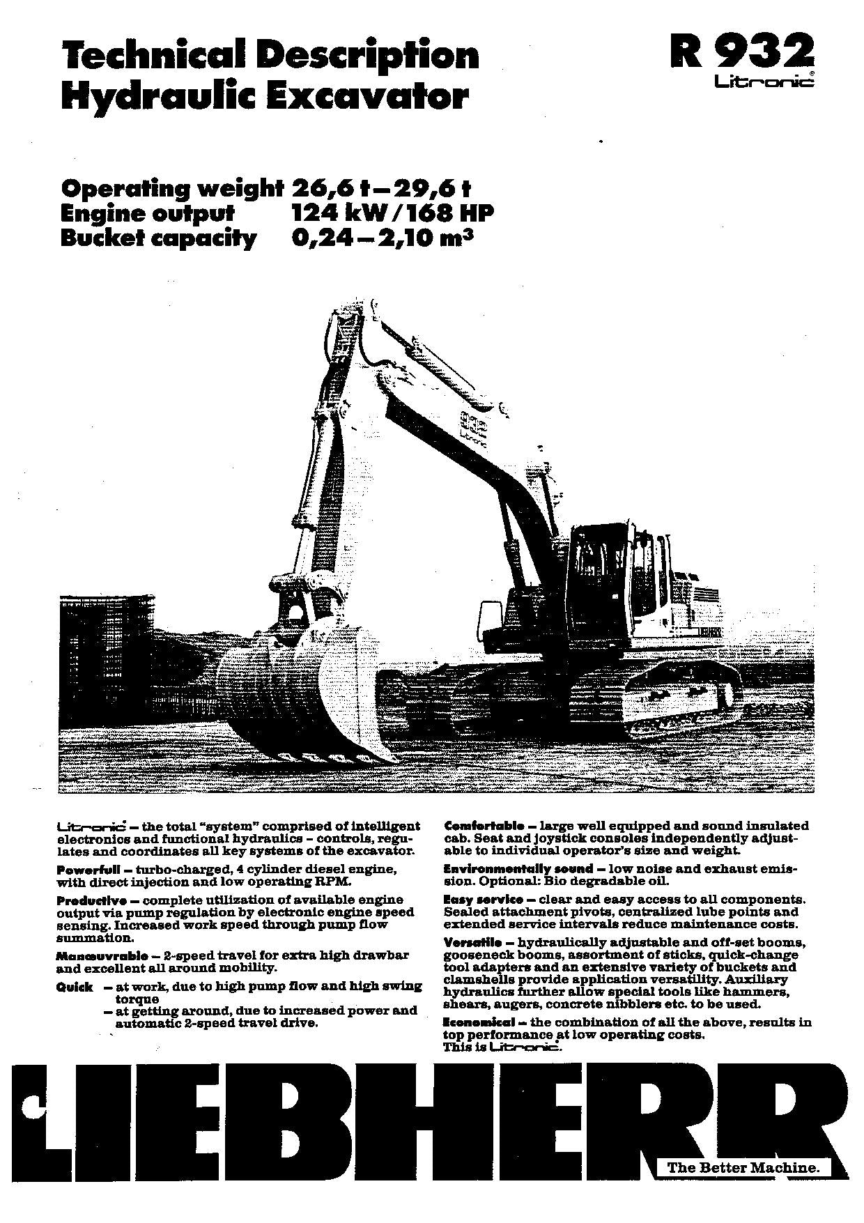 Liebherr R932 Litronic Excavator Operators manual serial 3001