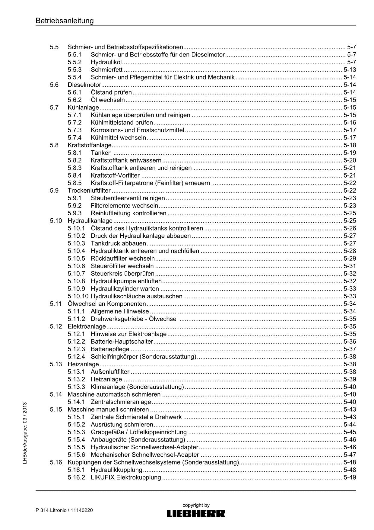 Liebherr P314 Litronic Hydraulikbagger Betriebsanleitung