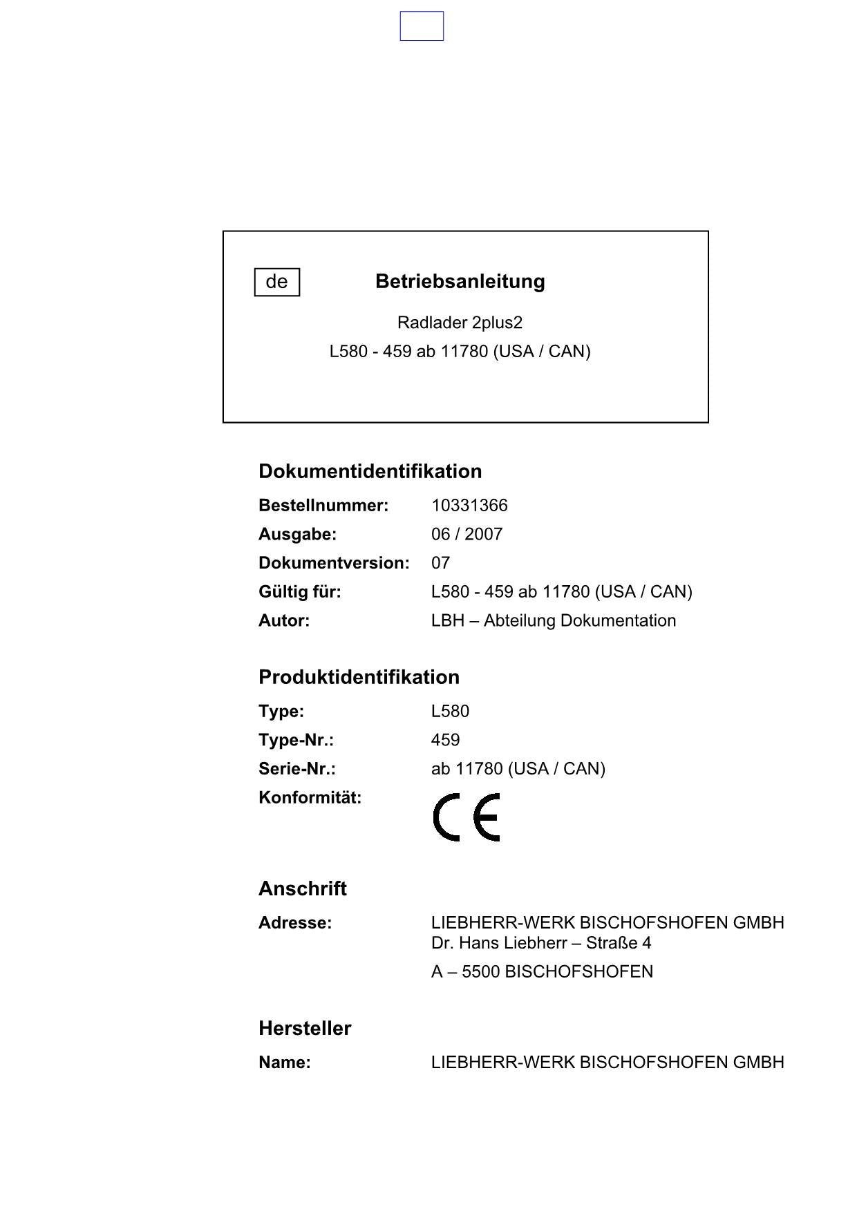 Liebherr L580 Radlader 2plus2 Manuel d'instructions