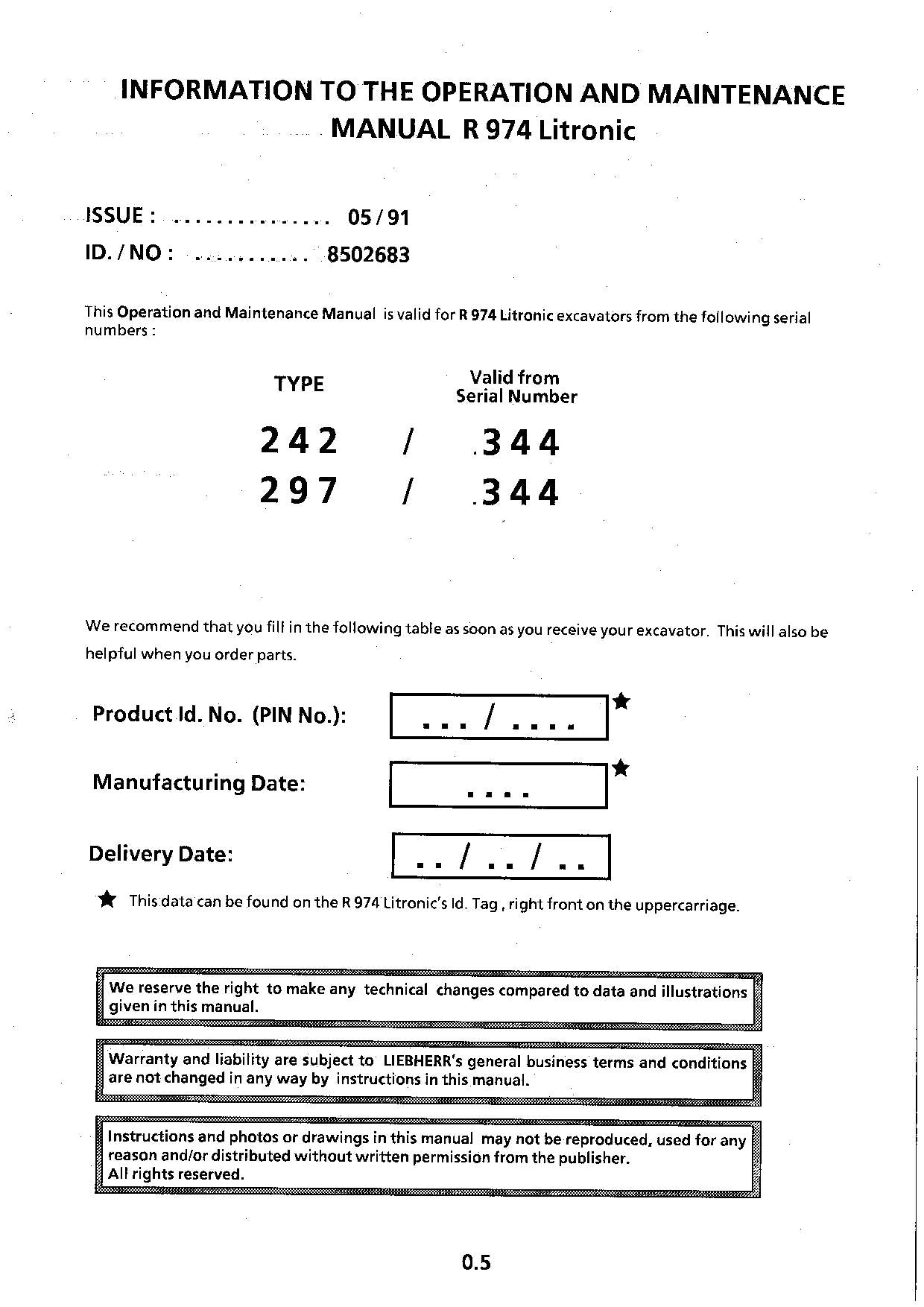 Liebherr R974 Litronic Excavator Operators manual serial 242-.344; 297-.344