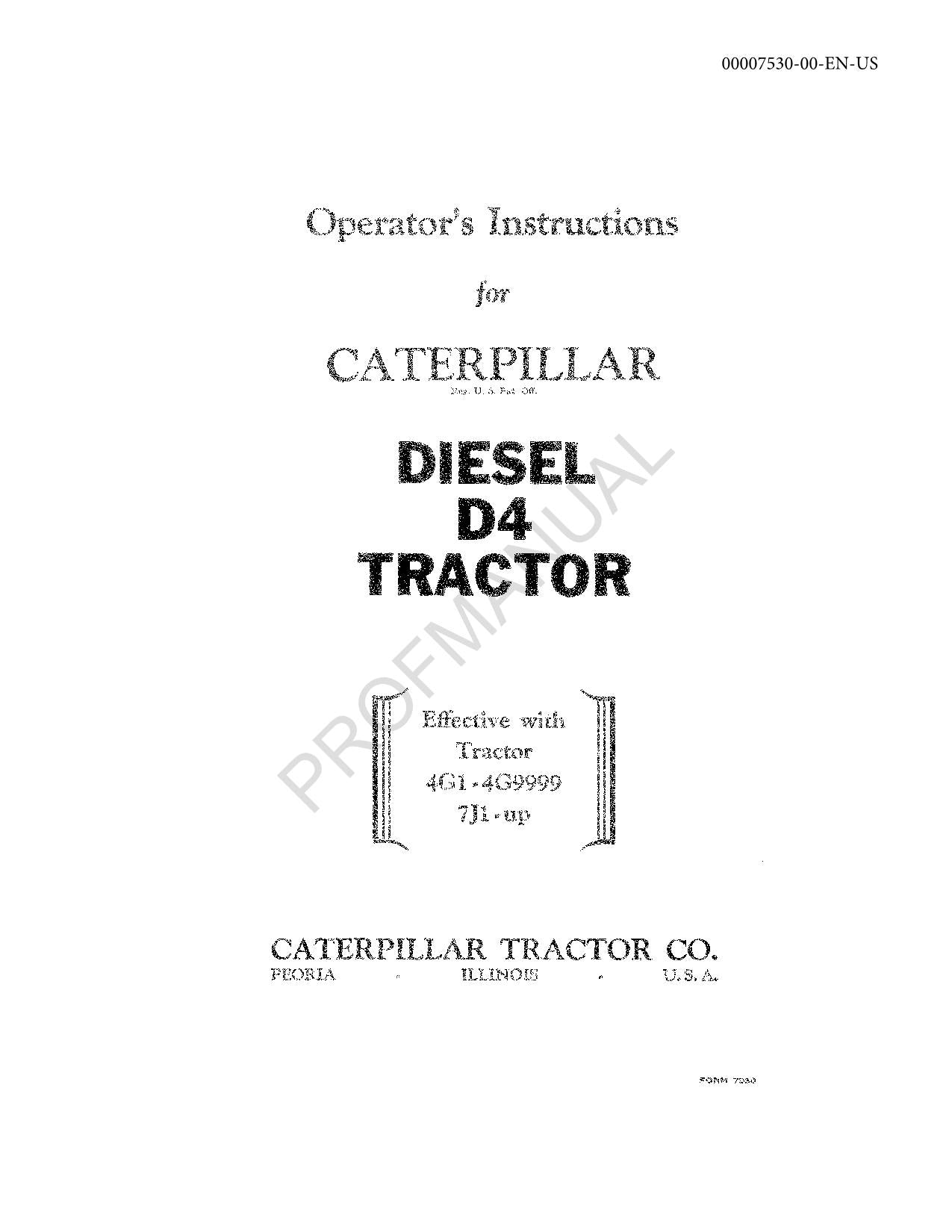 Caterpillar Diesel D4 Tractor Operators Maintenance Manual 4G1-4G9999 7J1-Up