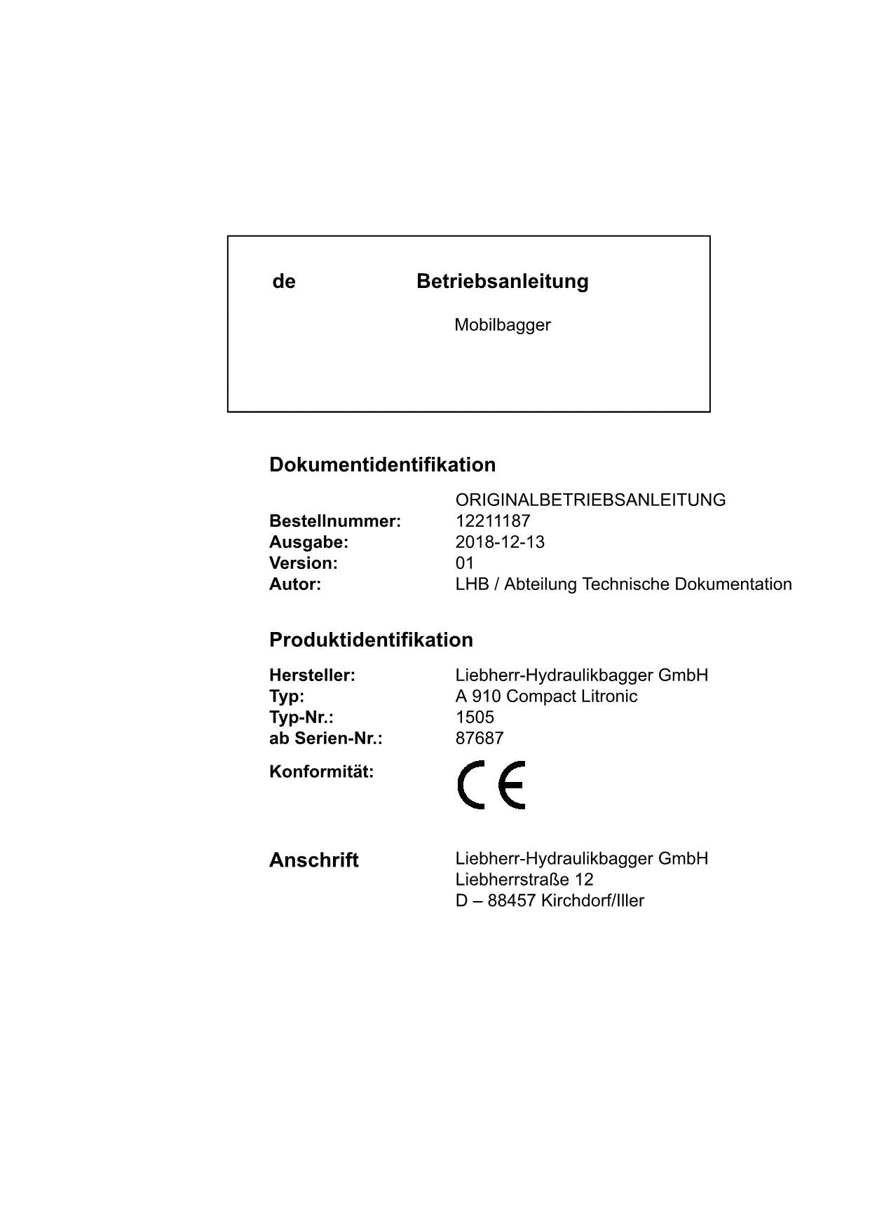 Liebherr A910 Compact Litronic Mobilbagger Manuel d'instructions