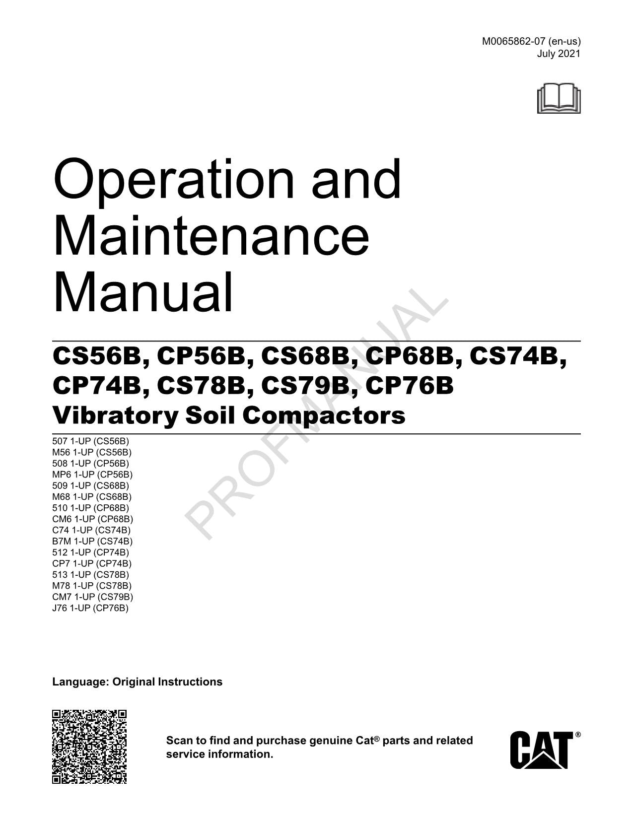 Caterpillar CS56B CP56B CS68B CP68B Vibratory Compactor Operators Manual