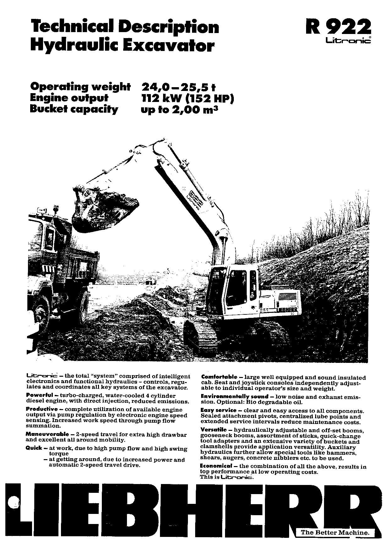 Liebherr R922 Litronic Excavator Operators manual serial 4001