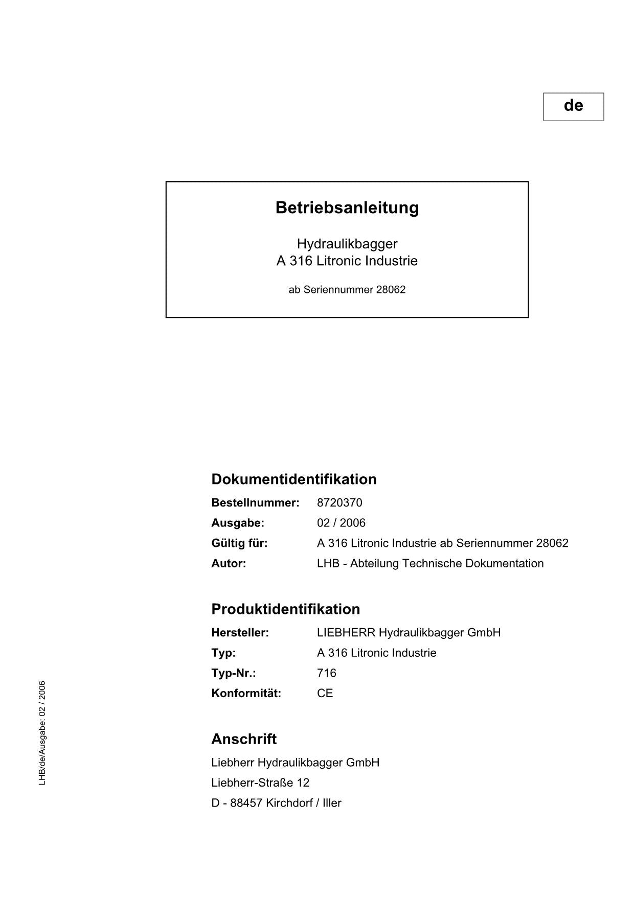 Liebherr A316 Litronic Industrie Hydraulikbagger Betriebsanleitung