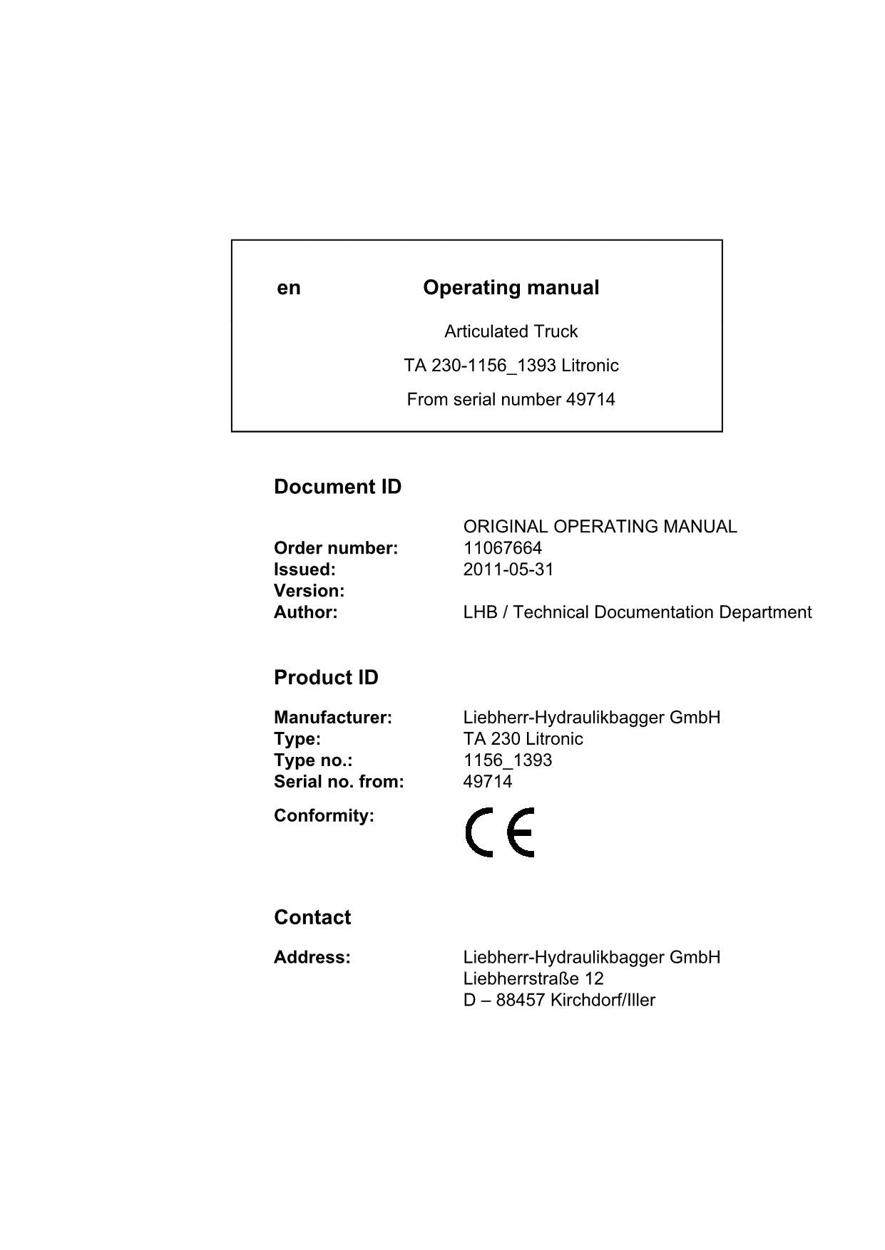 Liebherr TA 230-1156_1393 Litronic Articulated Truck Operators manual