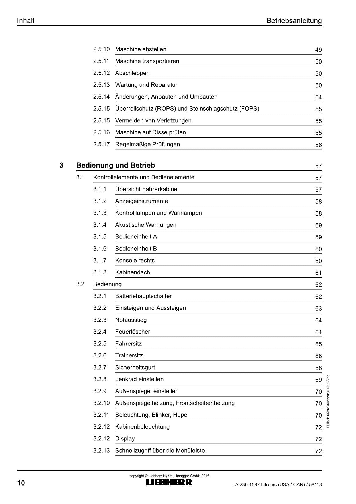 Liebherr TA230 Litronic USACAN Knickgelenkter Muldenkipper Betriebsanleitung