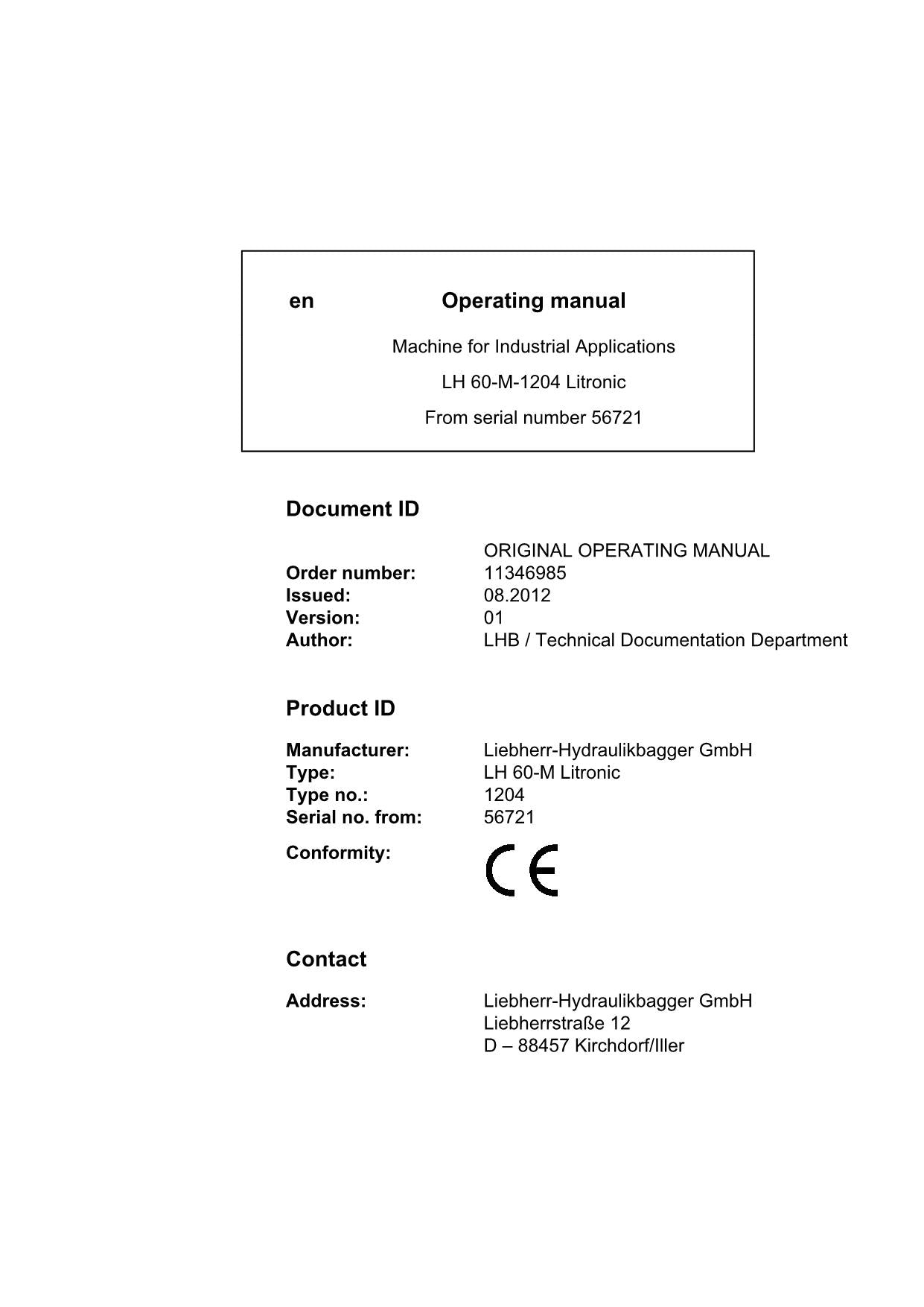 Liebherr LH60-M Litronic Excavator Operators manual