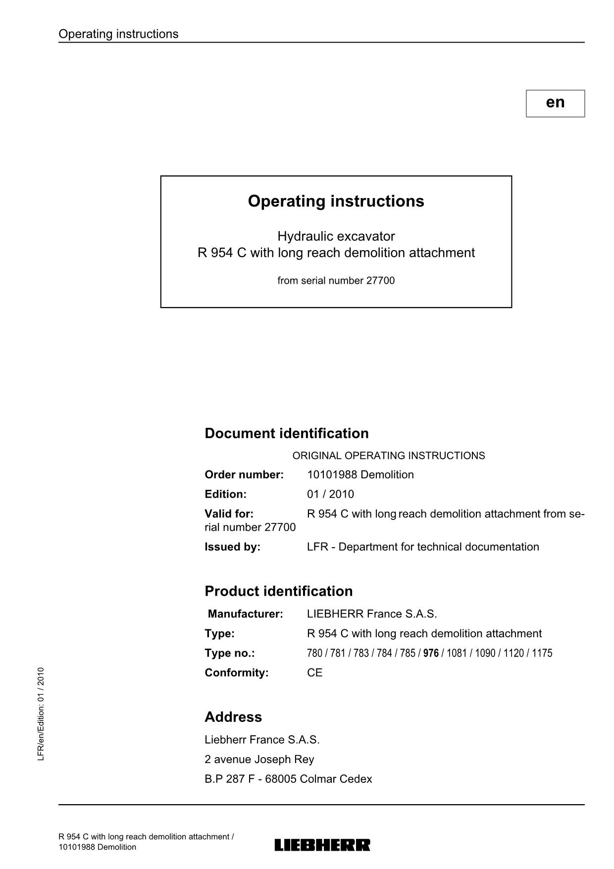 Manuel d'utilisation de la pelle de démolition Liebherr R954 C, numéro de série 27700