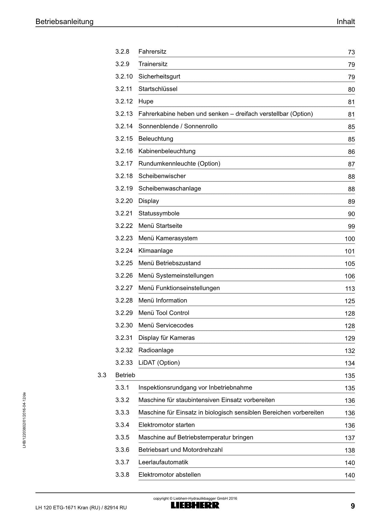 Liebherr LH120 ETG Kran RU Materialumschlagmaschine Betriebsanleitung