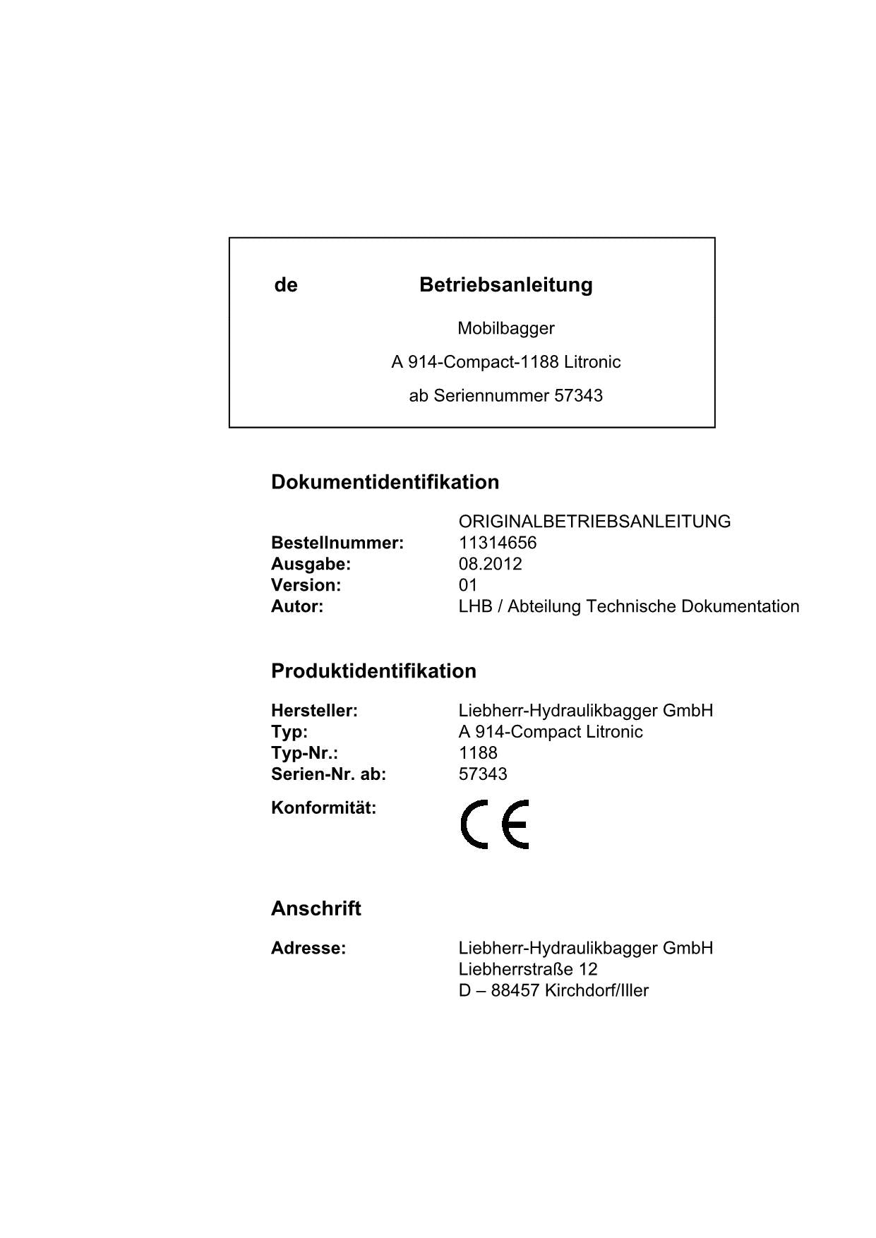 Liebherr A914 Compact Litronic Mobilbagger Betriebsanleitung